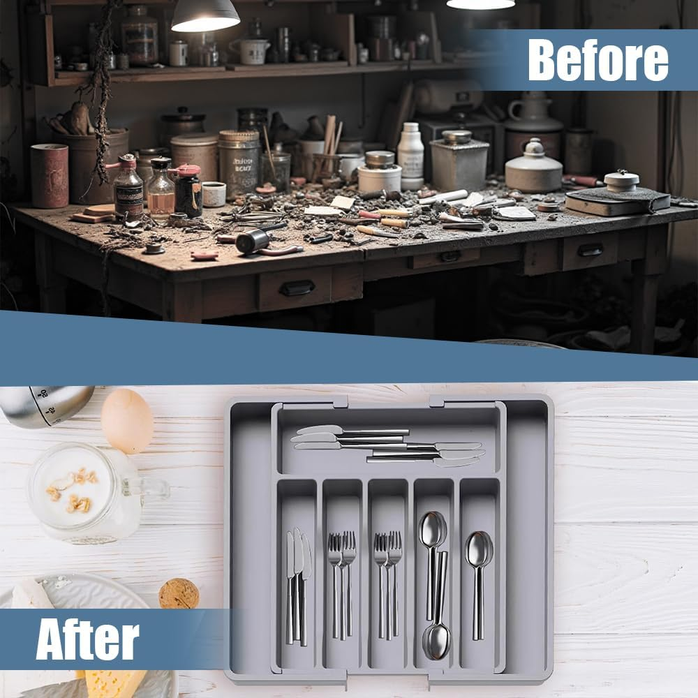Silverware Drawer Organizer，Adjustable Cutlery Storage,Flatware and Cutlery Holder with 8 Compartments，Expandable Kitchen Drawer Organiser，For Spoons Forks Knives
