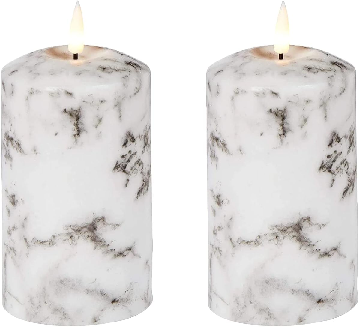 Set of 2 LED Marble Effect Wax Pillar Candles - 3 Size Options - 18Cm