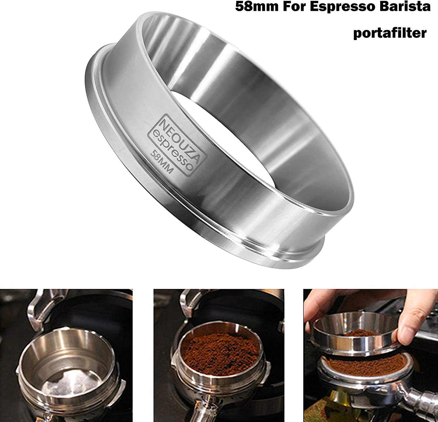 NEOUZA Stainless Steel 58Mm Coffee Espresso Dosing Funnel Ring Catcher Fits for E61 Group Coffee Machines Barista Portafilter Breville, Rancilio, Gaggia, La Pavon image number 1