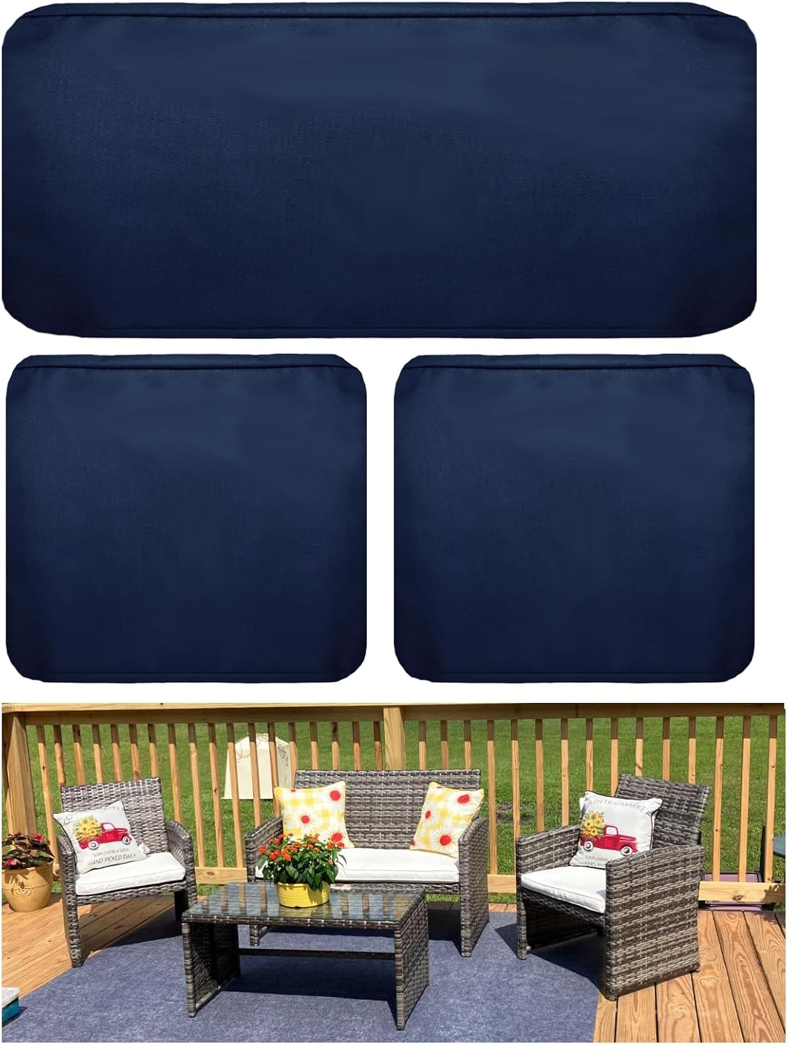 Oslimea 3Pack Patio Cushion Covers for Patio Conversation Set 4 Pieces Outdoor Seat Cushions Replacement Covers for Patio Furniture Backyard Porch Garden Poolside Balcony Sets, Blue, 42X18X3,18X18X2 image number 7
