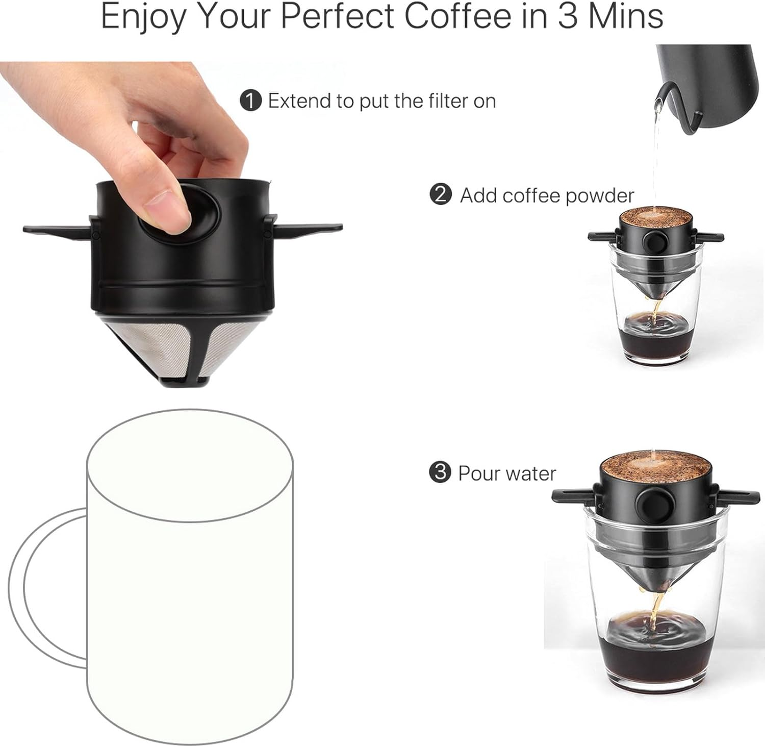 VANANA Reusable Pour over Coffee Maker, Stainless Steel Cone Coffee Dripper Filter 1-2 Cup, Paperless with Collapsible Holders for Home Office Travel Camping image number 1