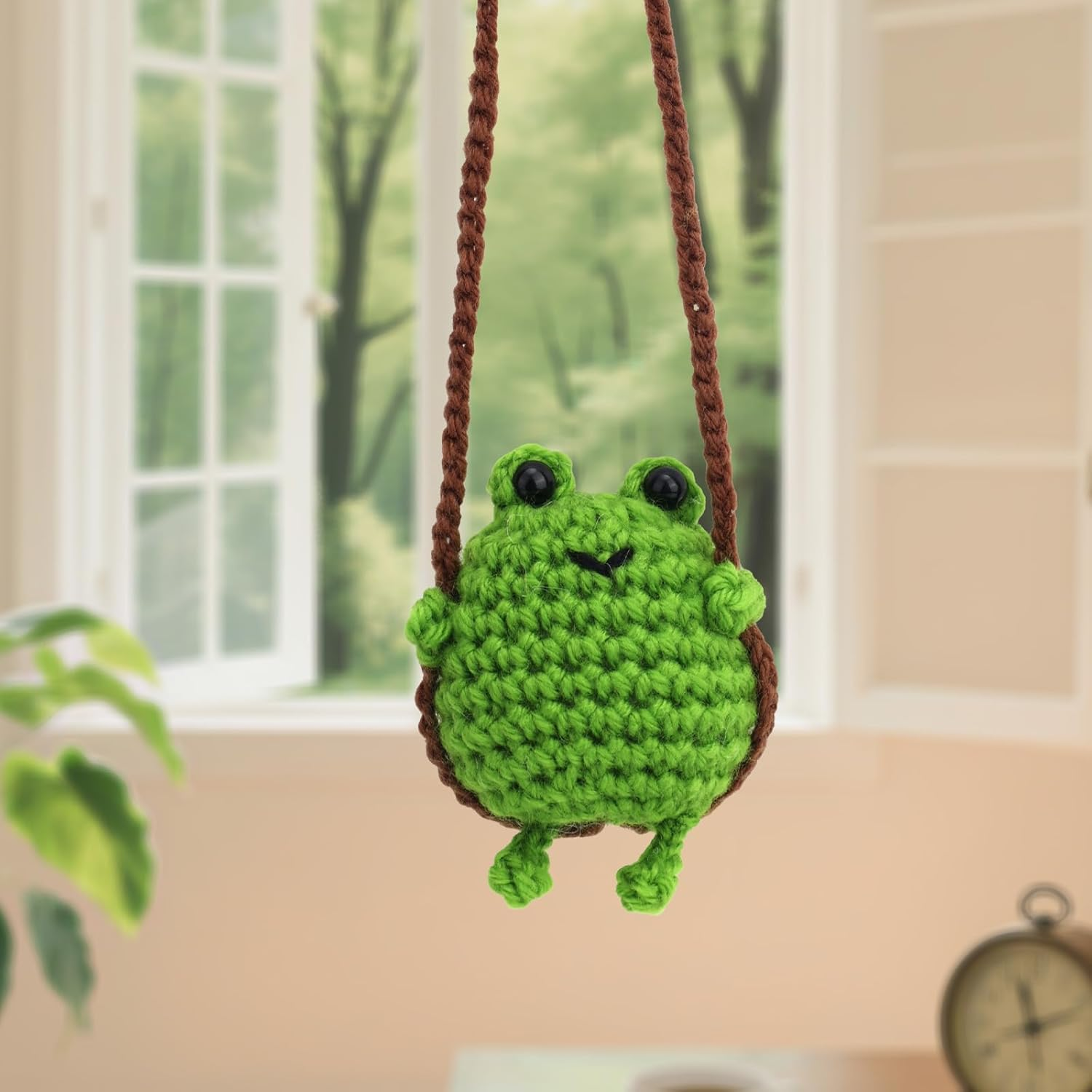 Crochet Frog Car Mirror Hanging Accessories, Handmade Swinging Frog Car Hanging Ornaments Aesthetic Cute Knitted Decorations for Rearview Mirror Travel Home Office image number 6