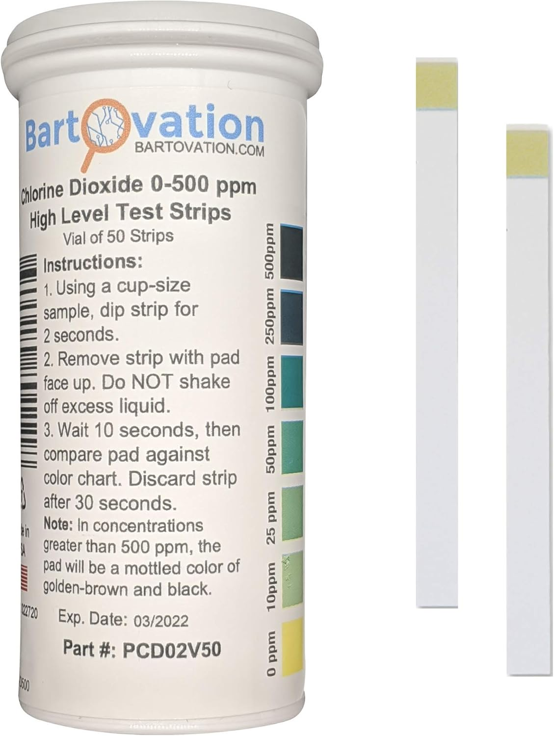 Chlorine Dioxide Single Factor Test Strip 0-500Ppm Range (Vial of 50 Strips) image number 2