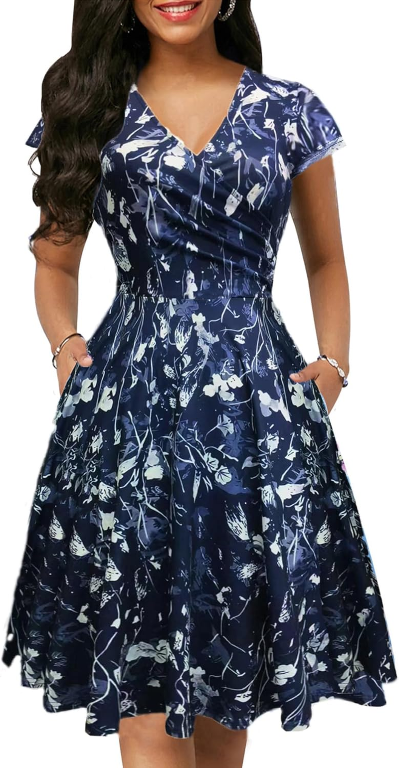 Oxiuly Women'S 2025 Chic V Neck Floral Casual Midi Dress with Pockets Maternity Clothes Nursing Dresses