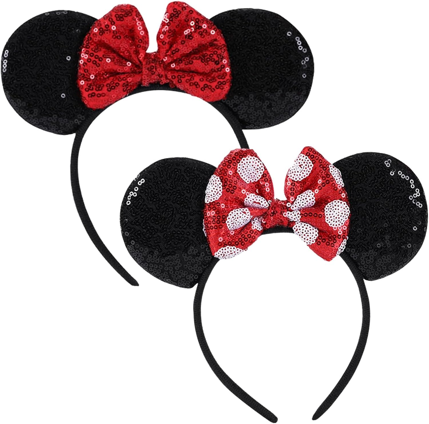 Socathey 2PCS Mouse Ears Headband for Women & Girls, Shiny Sequin Bow Mouse Headbands for Birthday Party & Theme Paradise (Red & Dot Red)