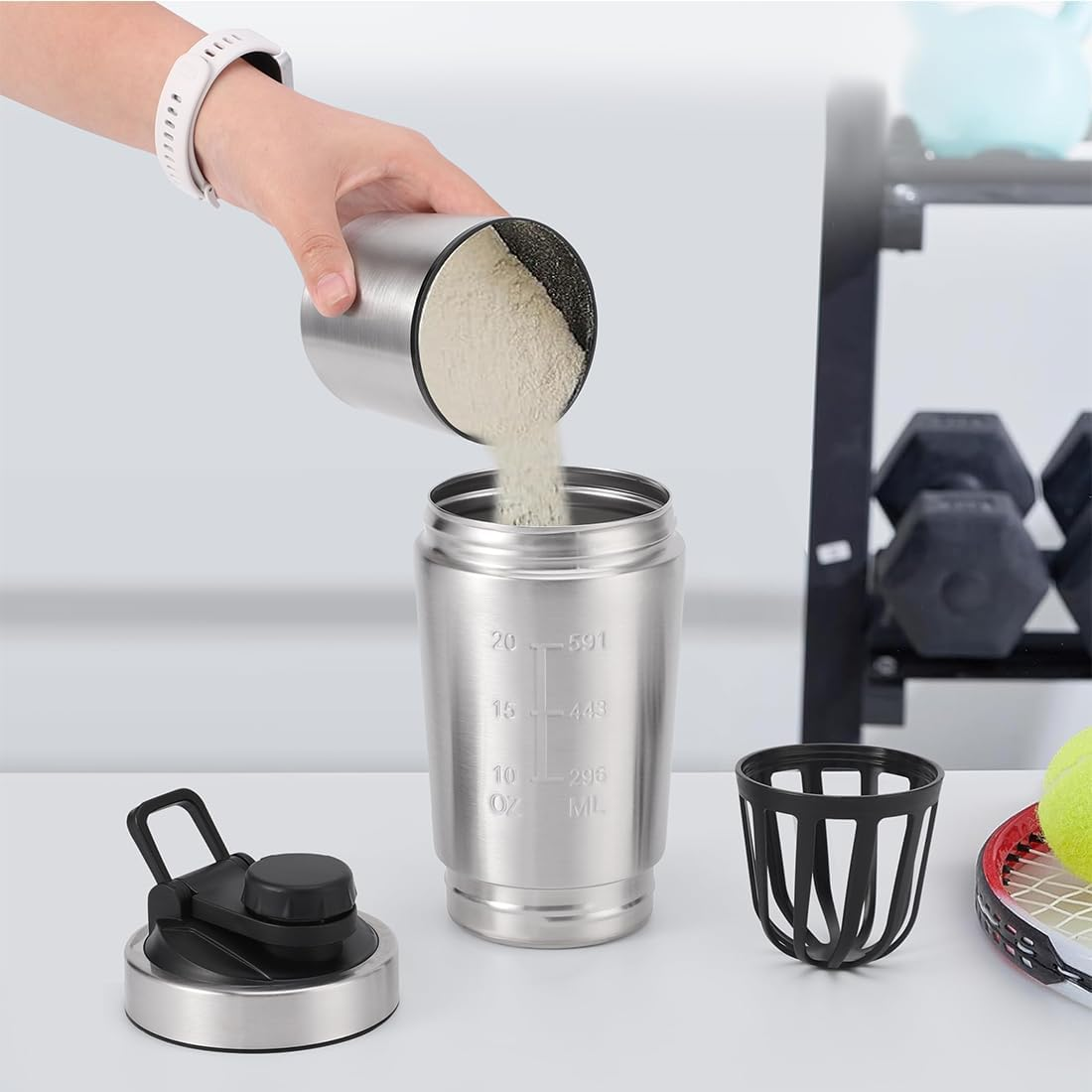 304 Stainless Steel Protein Mixer Cup, Single Layer Protein Shaker Bottle with Bottom Powder Storage, 2 Sections, Leak Proof Supplement Bottle with Detachable Strainer, Easy-Carry Handle [27Oz] image number 1