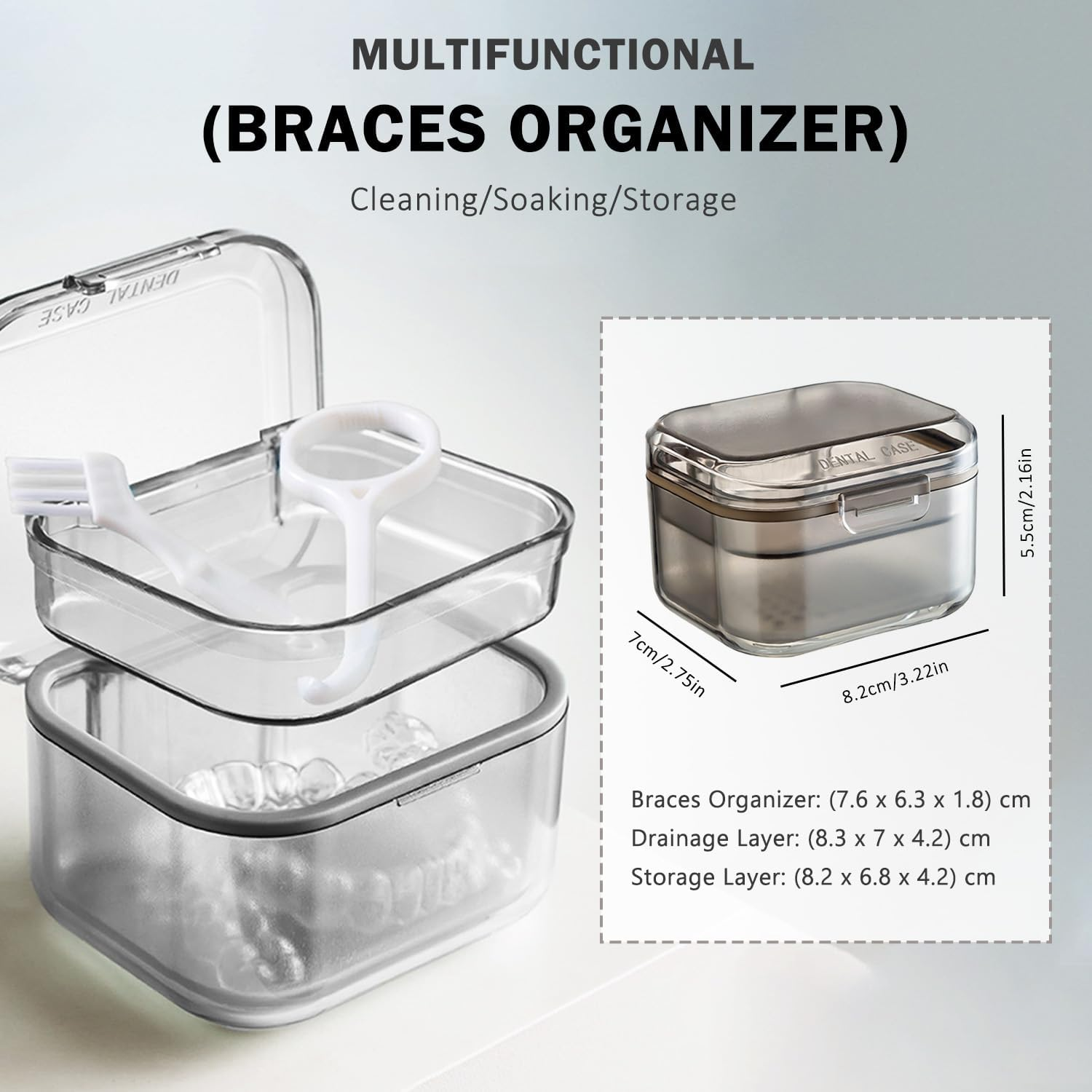 WALWAL Retainer Case, Three-Layer Denture Bath Box with Drain Tray, Travel-Friendly for Dentures & Orthodontics image number 3
