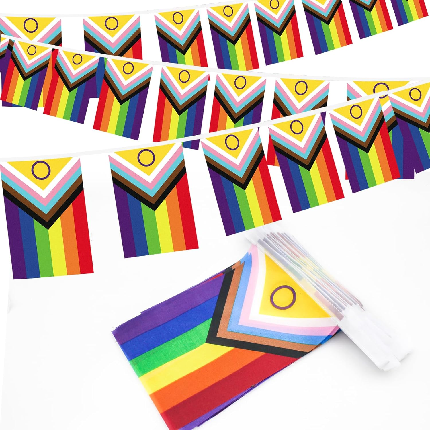 38Pcs/50Feet Progress Pride Flags Banner, LGBTQ Pride Rainbow Bunting with String for Garden Bar, Pride Banner Decorations for Outdoor Indoor Party Decoration Celebrating Month Events