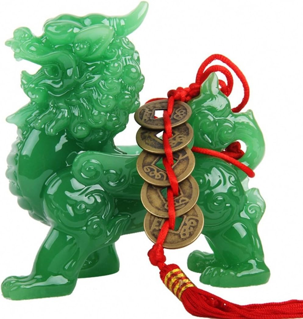 Wenmily Feng Shui Green Pi Yao/Pi Xiu Wealth Porsperity Statue + Free Prosperity Protection Set of 5 Lucky Charm Ancient Coins on Red String,Feng Shui Decor