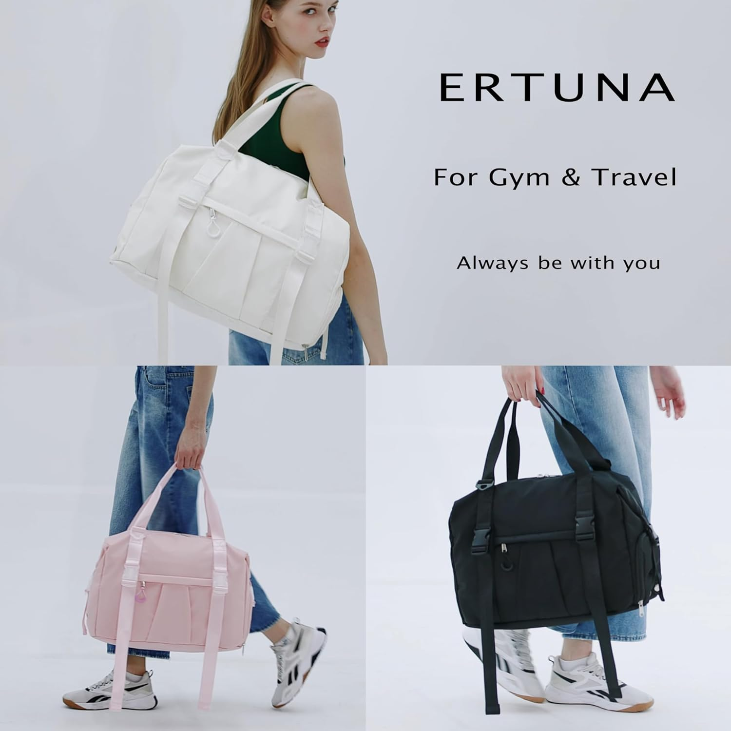 ERTUNA Gym Bag with Yoga Mat Holders, Carry on for Pilates Women & Men with Laptop & Shoe Compartment Large Duffle Travel Weekender Tote with Key Ring Clip Personal Item Workout, Easy to Clean - Black image number 1