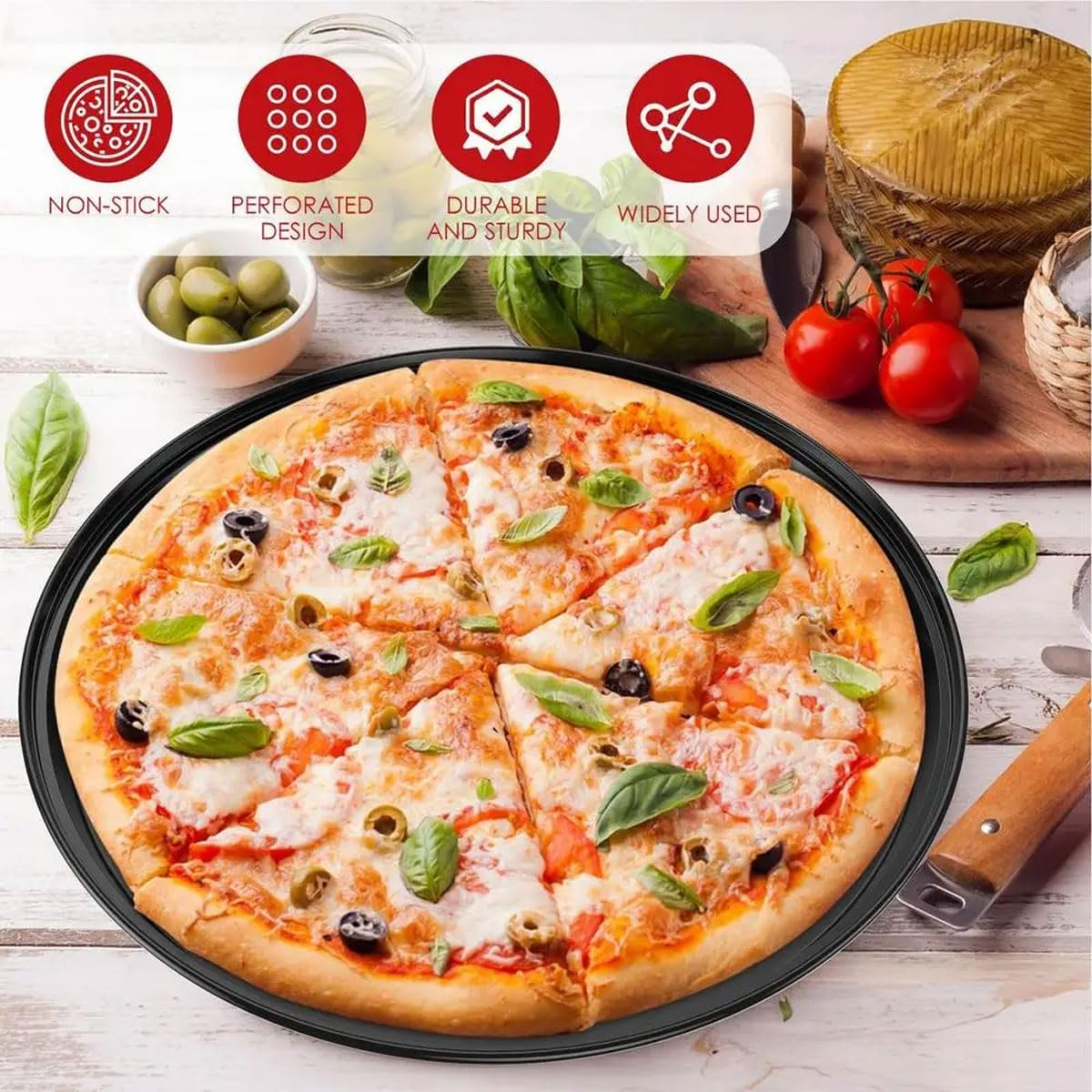 AIMALL 3-Piece Carbon Steel Pizza Pan Set - round Perforated Baking Tray with Airflow Holes, Non-Stick Crisper Pan for Even Heating, Restaurant-Grade for Oven/Grill (9.44", 10.23", 11.02")