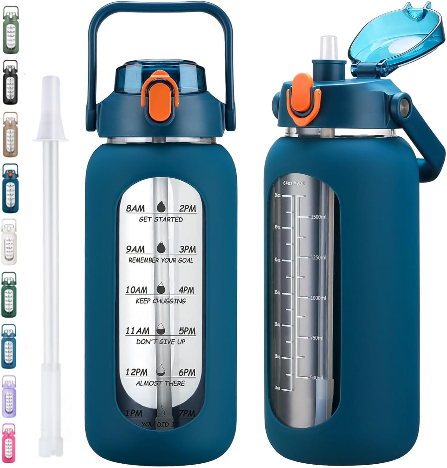 Kytffu 64Oz Glass Water Bottles with Straw, Half Gallon Motivational Glass Bottle with Silicone Sleeve and Time Marker, 2L Leakproof Large Glass Water Jug for Gym Home Office,Blue - 84 Ounces, Black image number 7