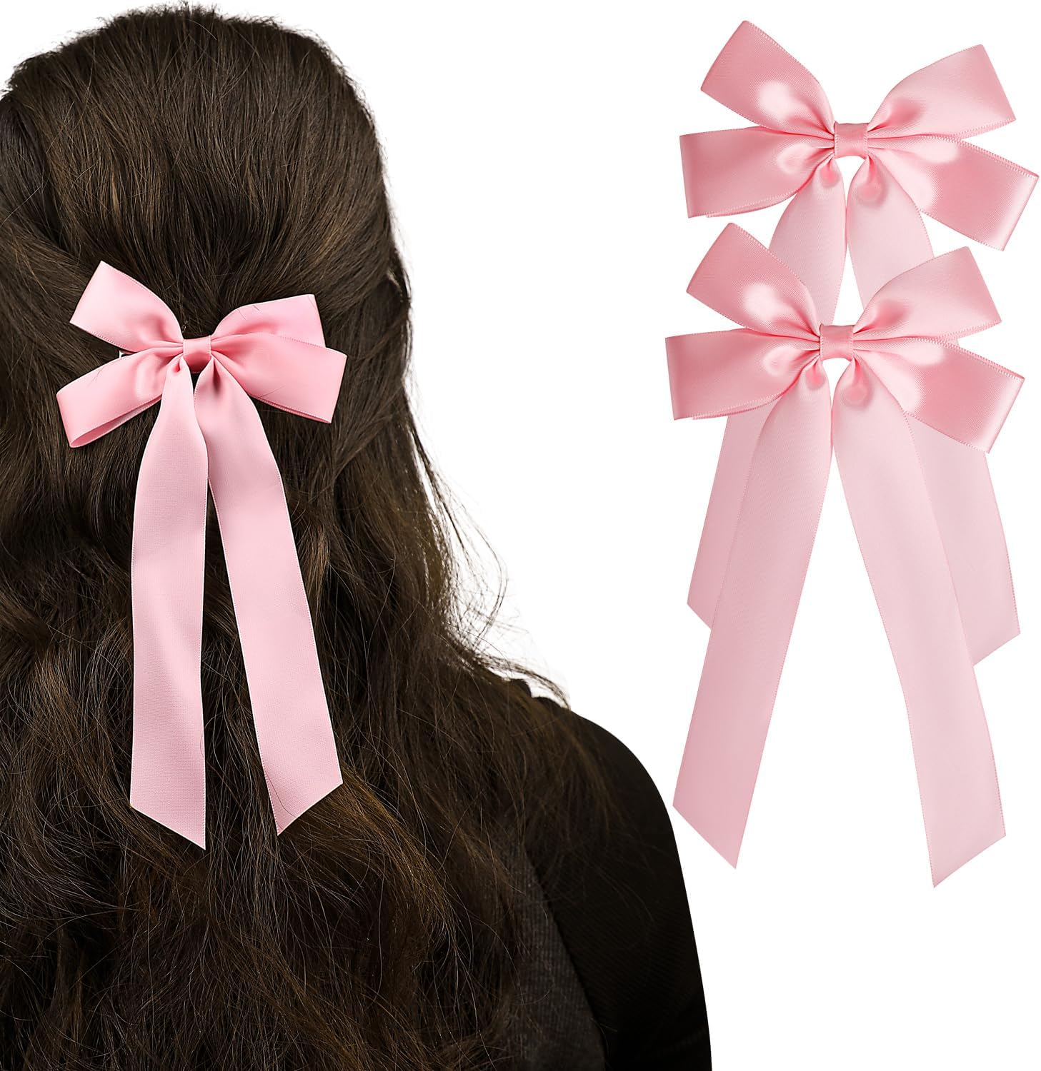 2Pcs Pink Hair Bows for Women,Hair Ribbon Hair Bows with Long Tail,Cute Hair Barrettes with Bow Accessories,Adorable Long Hair Accessories, Valentine'S Day Accessories for Women Girls Kids image number 5
