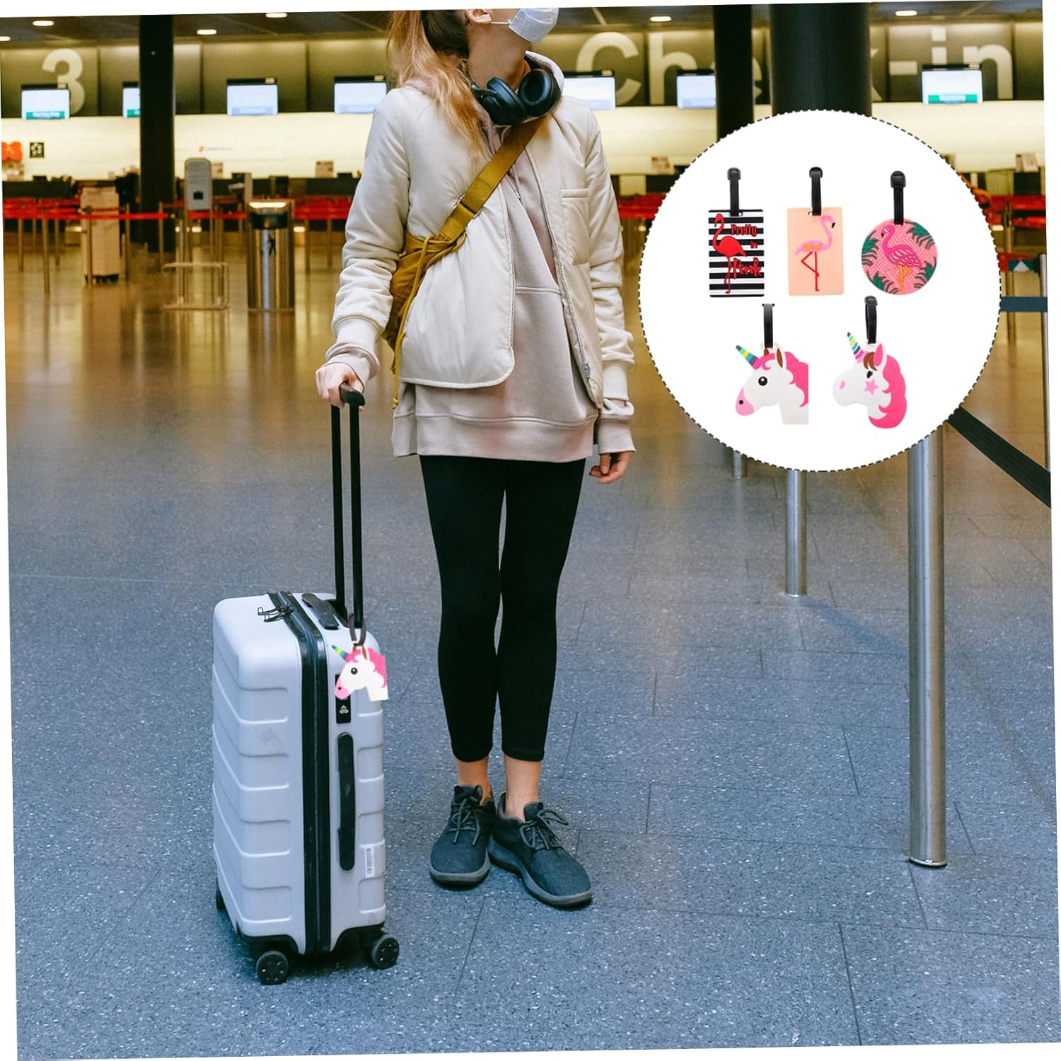 LIGIGWASH 5Pcs Luggage Tag Set Suitcase Luggage Identifiers Travel Baggage Labels Flamingo Theme Material for Men Women Boys and Girls image number 3