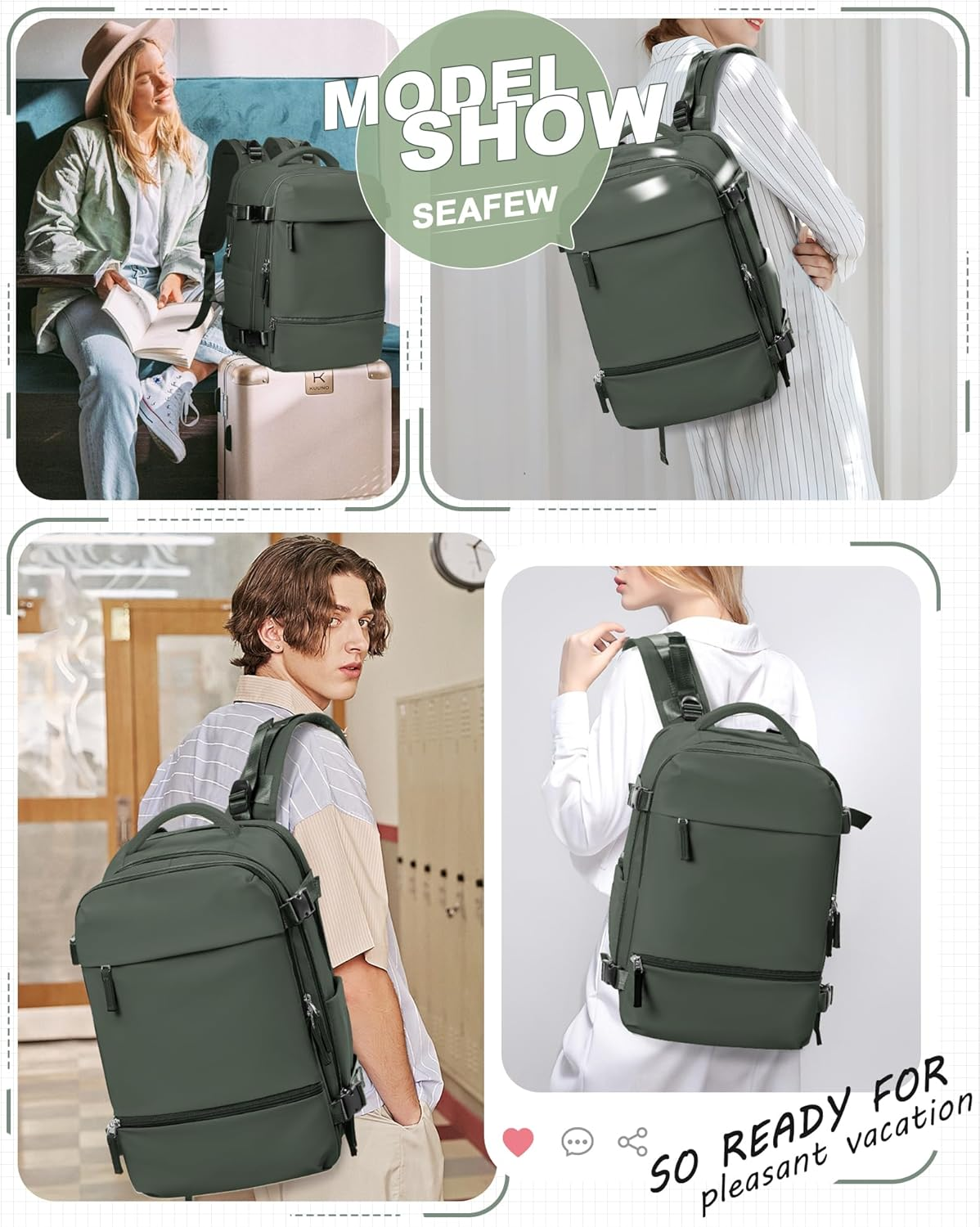 SEAFEW Carry on Backpack, Mini Travel Backpack Airplane Approved Weekender Bag for Women Men, Green, Large - Beige With Brown image number 4