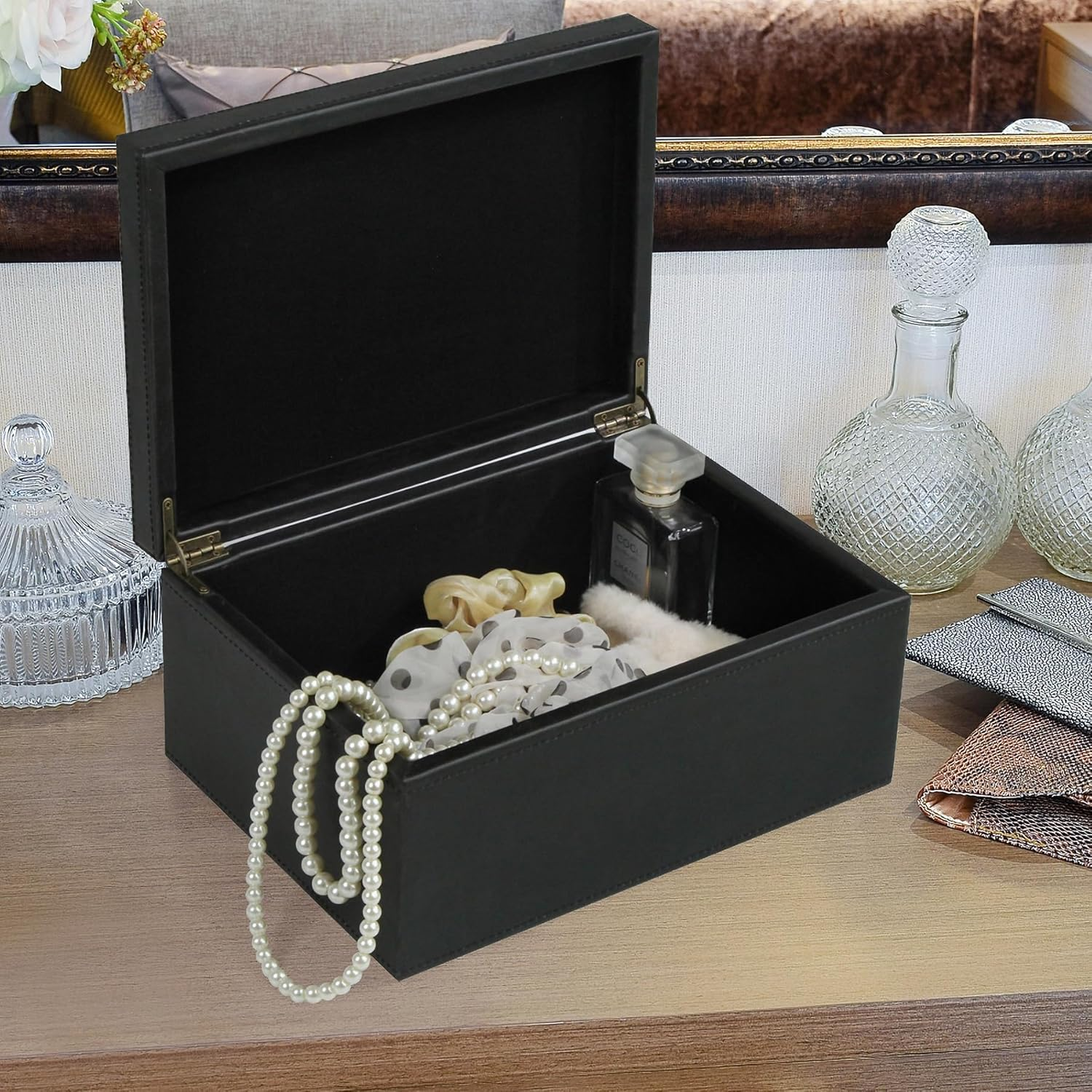 Hofferruffer Faux Leather Decorative Box, Large Wooden Structure Keepsake Box Accessory Organizer Jewelry Organizer with Hinged Lid, Storage Container for Home or Office (Black) image number 6