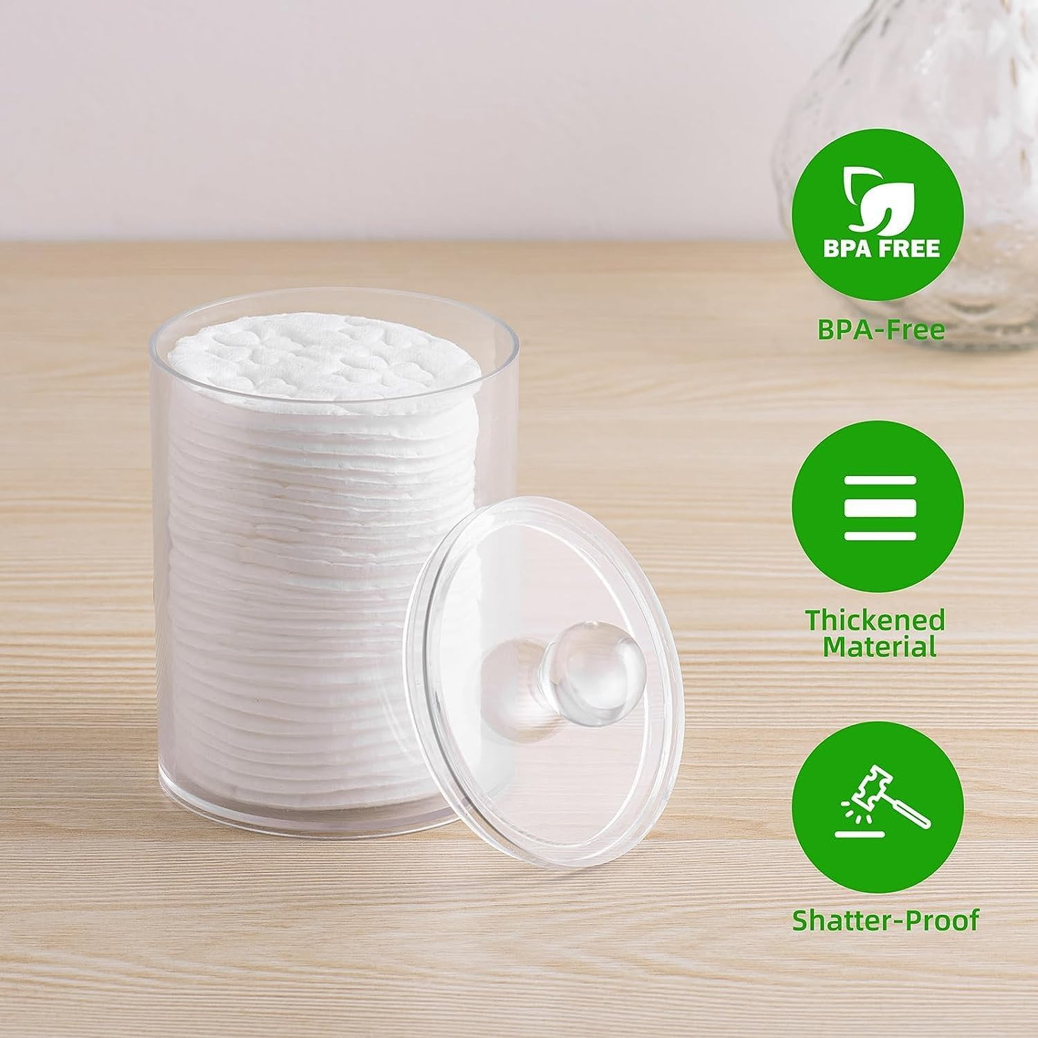 3 Pack Qtip Holder,Apothecary Jars Cotton Ball Holder Dispenser,Bathroom Jars with Lids Set for Cotton round Swab,10Oz Clear Plastic Canisters Restroom Bedroom Vanity Organizer image number 1