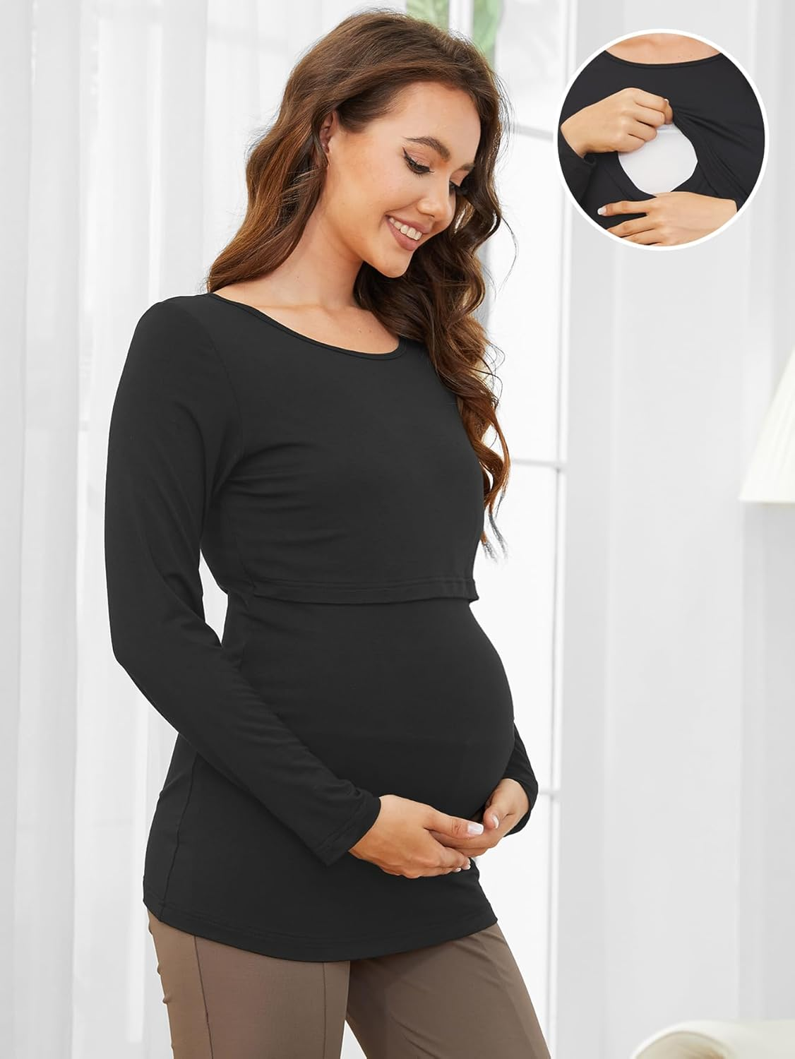 PARNIXS Women'S Breastfeeding Long Sleeved Top Mom Summer Outfit, Covering the Belly and Slimming, Versatile Top（3-Piece Set） image number 2