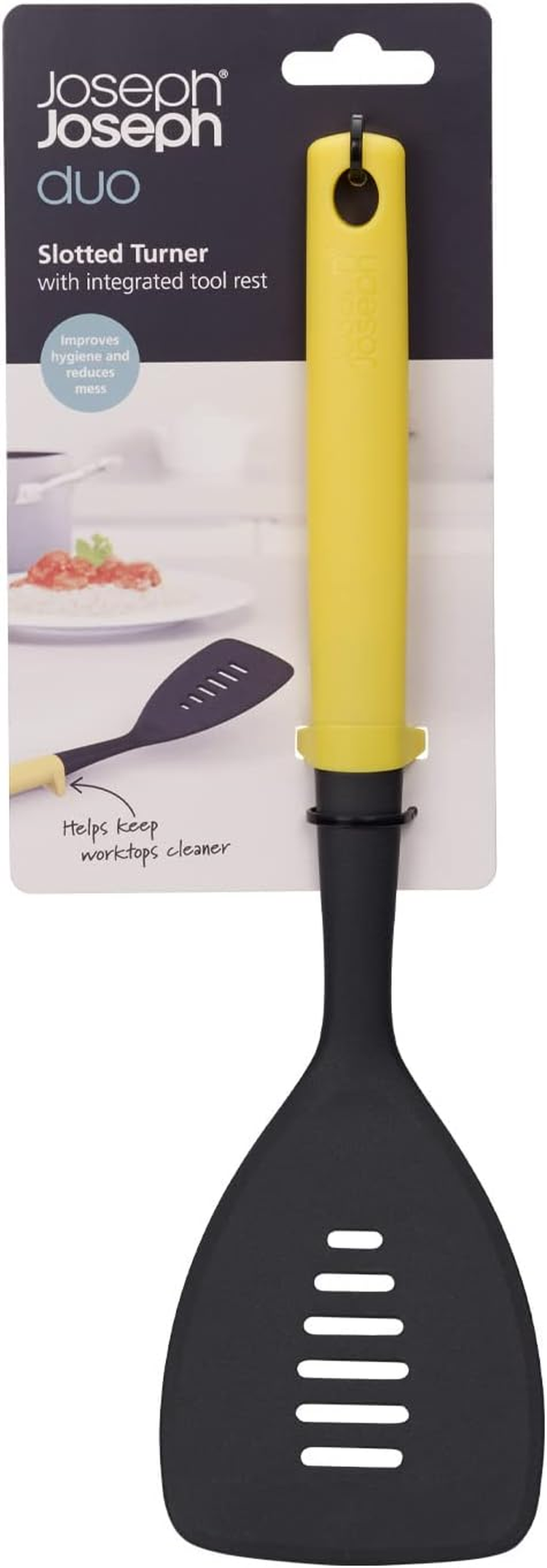 Joseph Joseph Duo Slotted Turner with Integrated Tool Rest: Hygienic, Heat-Resistant Nylon Head, Safe for Non-Stick Cookware, Light Yellow image number 4