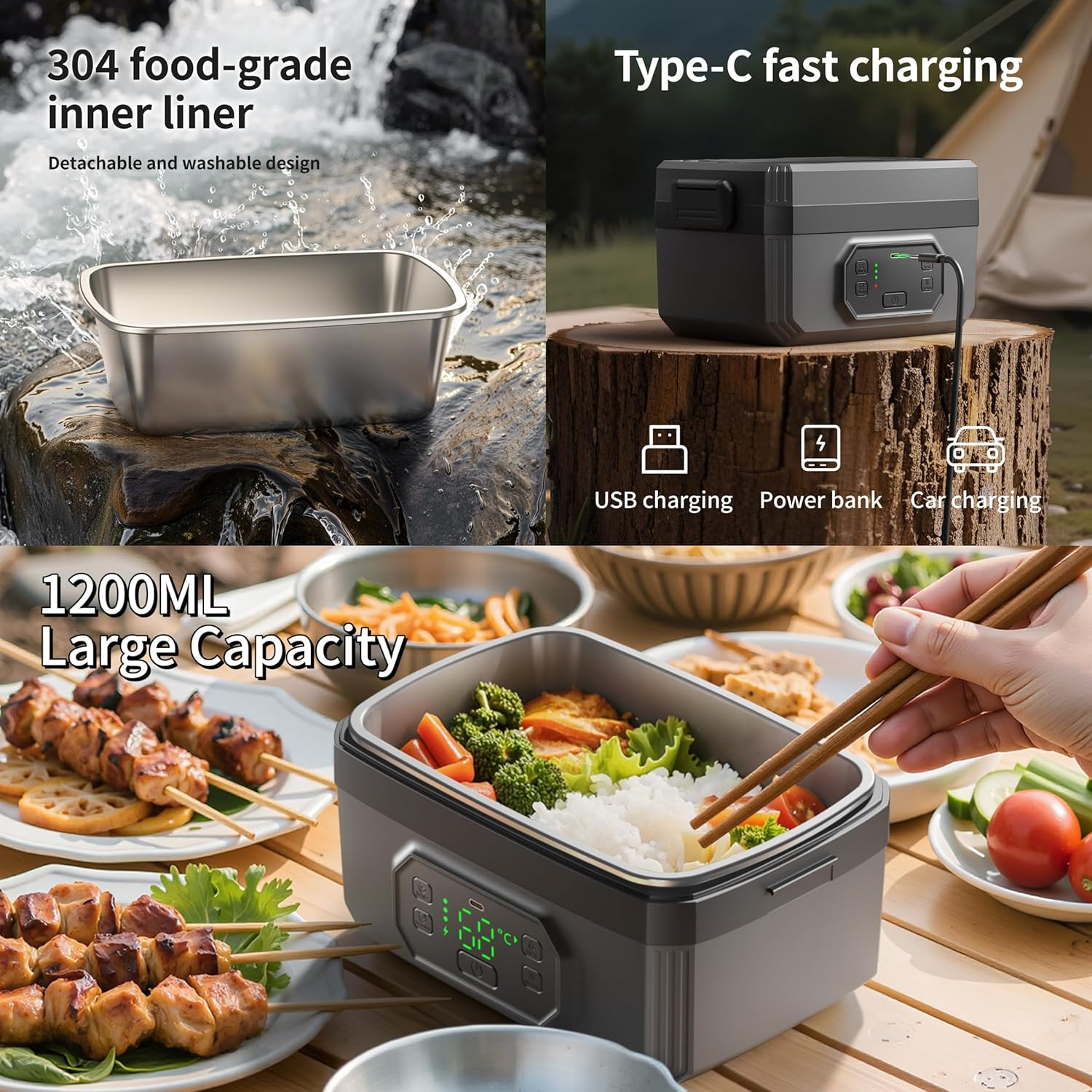 Cordless Insulated Electric Lunch Box, 21000Mah Cordless Heating Lunch Box 1.2 L Stainless Steel, Leakproof Portable Electric Food Warmer with 6 Temp & 8 Timer & Removable Tray Divider for Camping image number 3