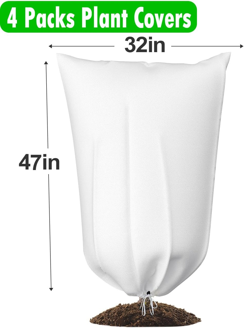 TOYPOPOR 4 Packs Plant Covers Freeze Protection, 32"X47" 2.8Oz/Yd&sup2; Heavy Duty Winter Cold Weather Frost Cloth Blankets, Garden Warm Jacket Bags with Drawstring Design for Outdoor Shrub Bush Fruit Tree