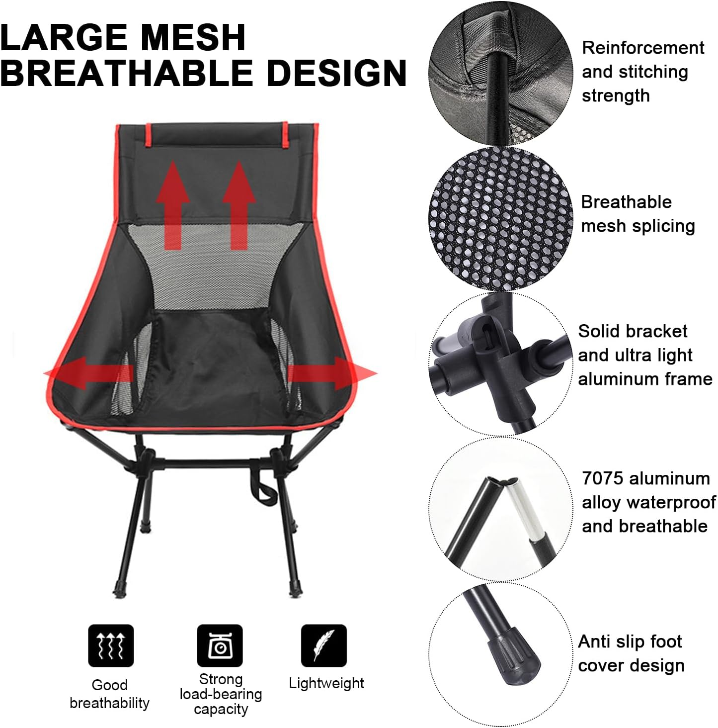 2 Camping Folding Chair, Outdoor Beach Folding Chair, Portable Moon Chair, Space Chair, Camping Fishing Chair, Hiking Chair with Carrying Bag (Black, Large)