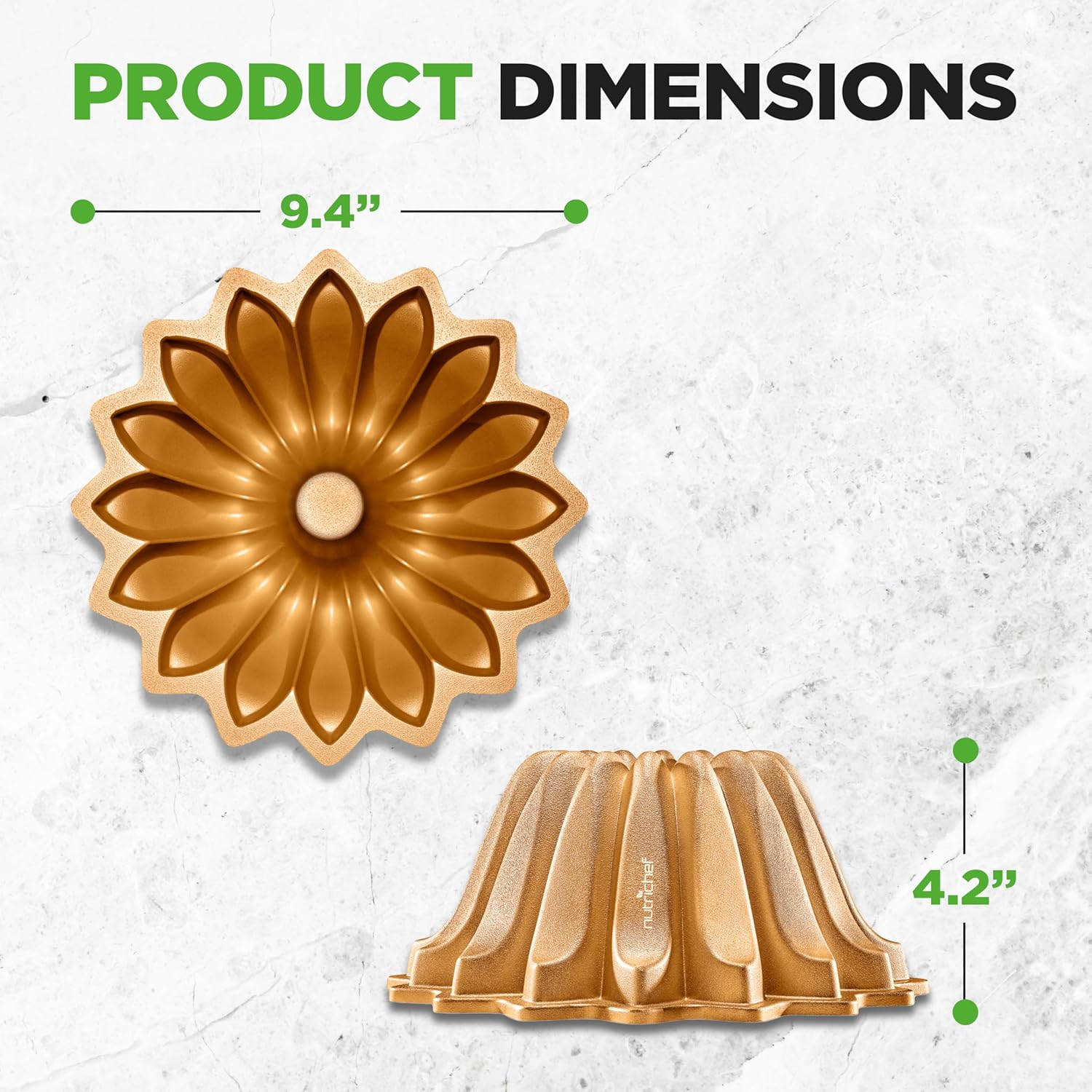 Spring Water Fluted Bundt Cake Pan, Extra Thick and Non Stick Aluminum Bakeware with 2 Layers of Non Stick Coating for Easier Release, Uniform Baking and Browning