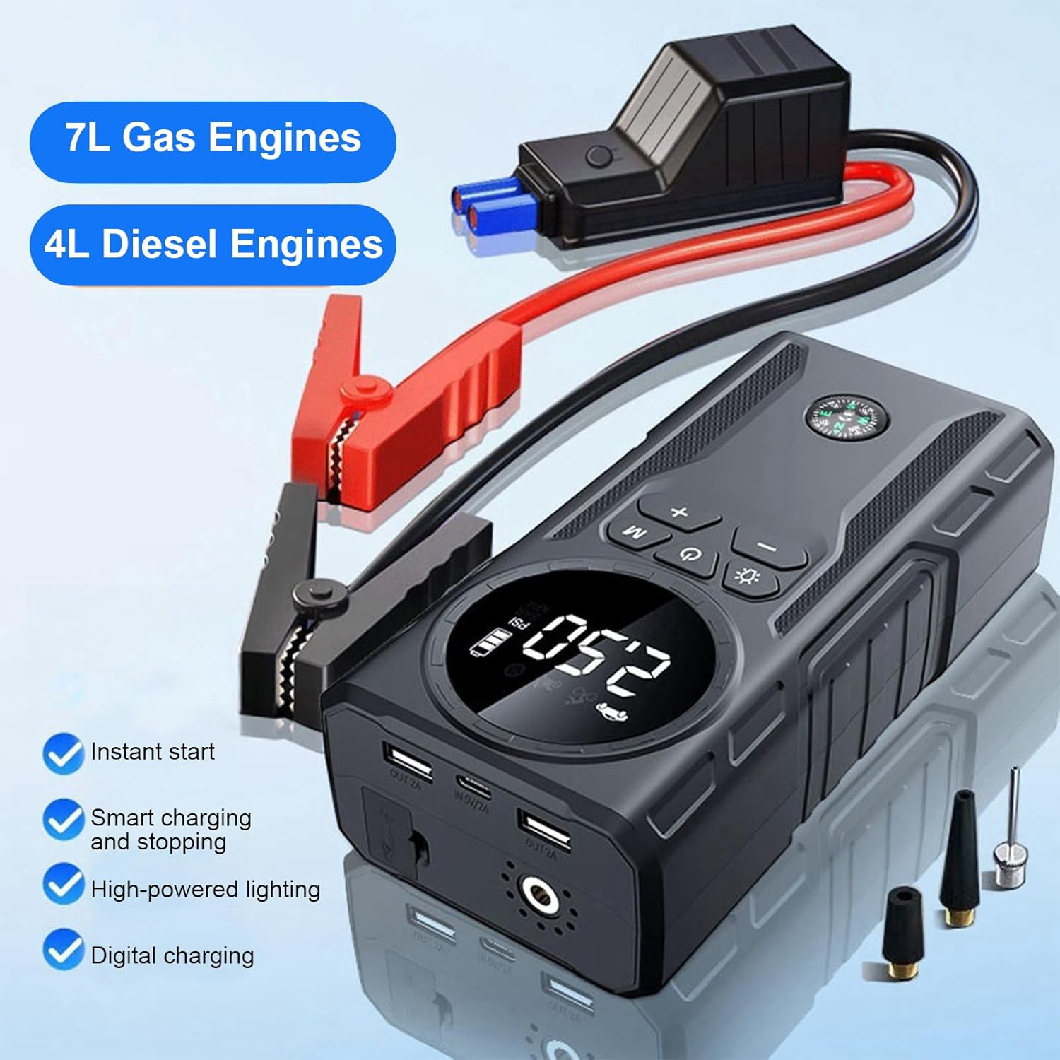 Jump Starter with Air Compressor: 600A Battery Jumper Starter Portable for up to 7L Gas and 4L Diesel Engines, 39800Mah Tire Inflator with USB Ports, Multifunctional Portable Digital Display Car image number 4