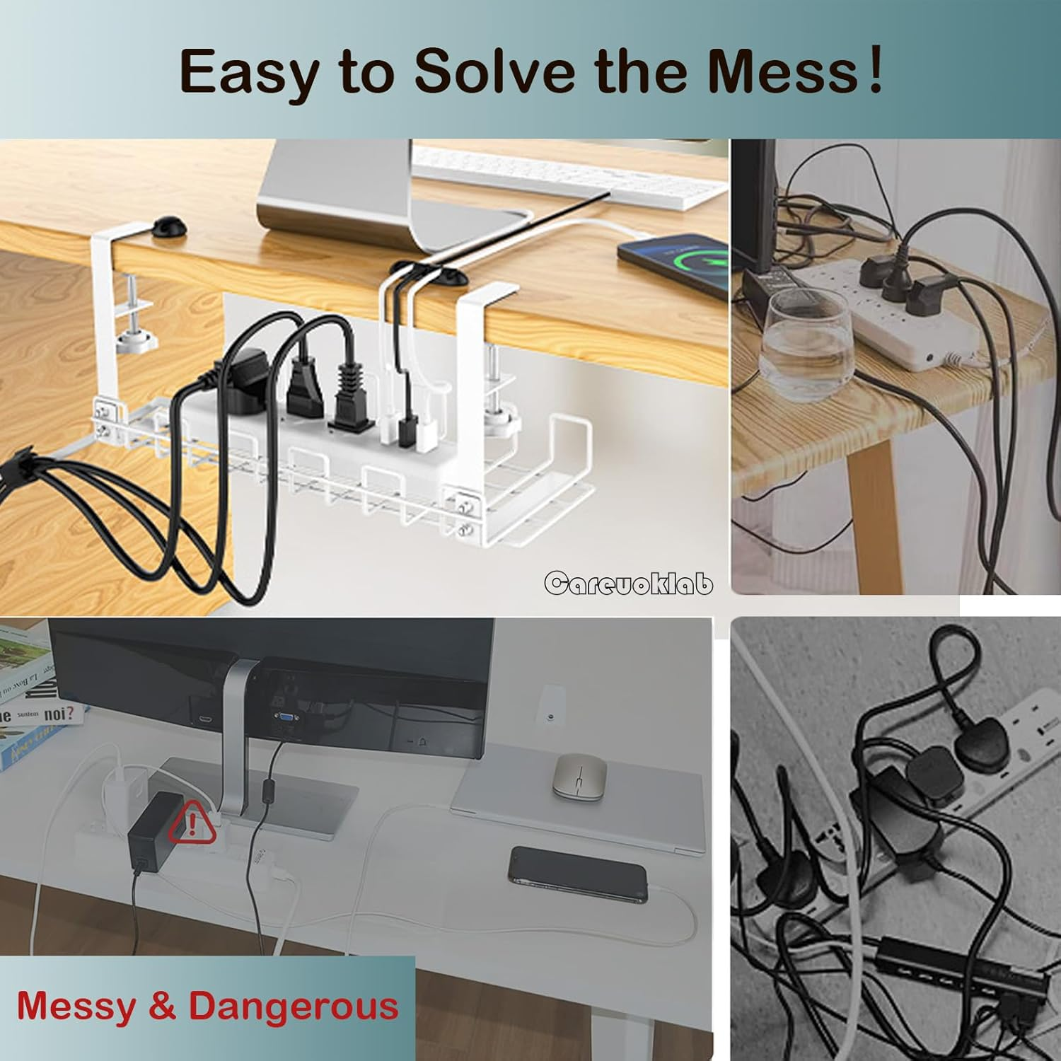 Under Desk Cable Management Tray 2 Pack, Cord Organizer for Wire Management, Detachable No Drill Metal Cable Tray Basket Rack for Home Office (White 2 Pack) image number 2