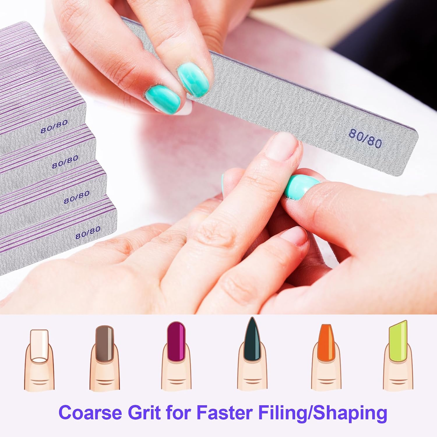 80/80 Grit Nail Files (100 Pack), Heavy Coarse Emery Boards for Acrylic Nails and Gel Nails, 80 Grits Double Sided Nail File Emory Professional Nail Filer Reusable Washable Manicure Square Gray image number 3