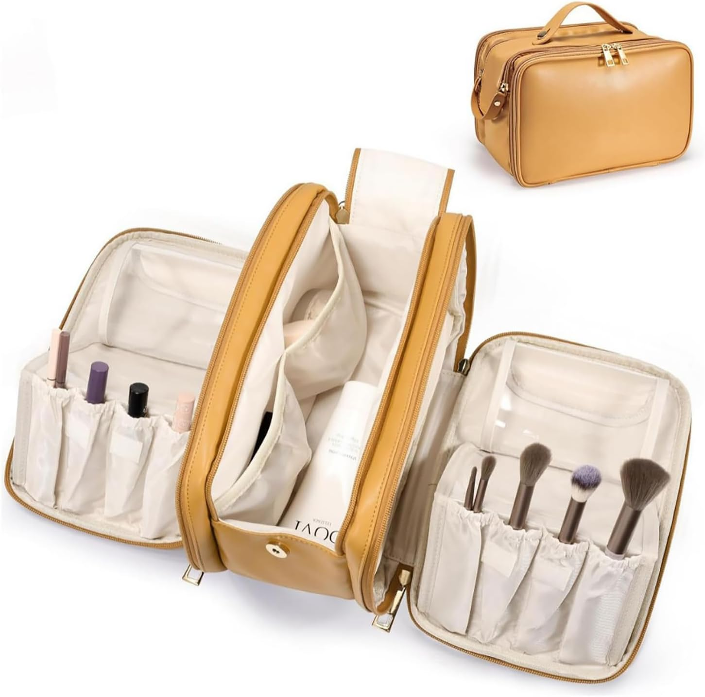 Large Makeup Bag, Portable Travel Makeup Bag Organizer,Women'S Large Capacity Cosmetic Organizer Waterproof Storage Toiletry Bags Vertical Free-Standing Brush Holder & Two Side Pockets (Black)