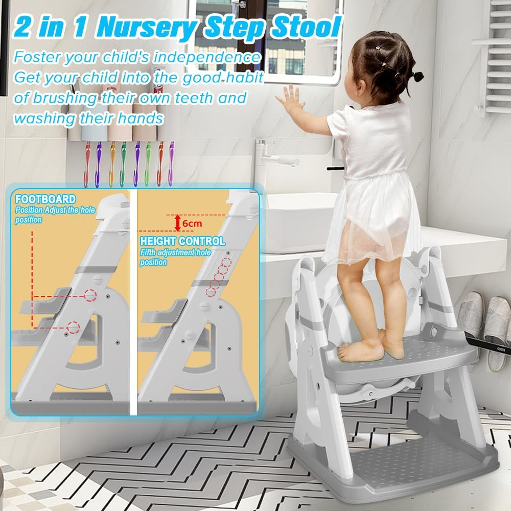 Necomi Potty Training Seat with Step Stool Ladder, Height Adjustable Toddler Potty for Kid Boys Girls, 2 in 1 Potty Training Seat with Non-Slip Pad Step Potty (Gray) image number 5