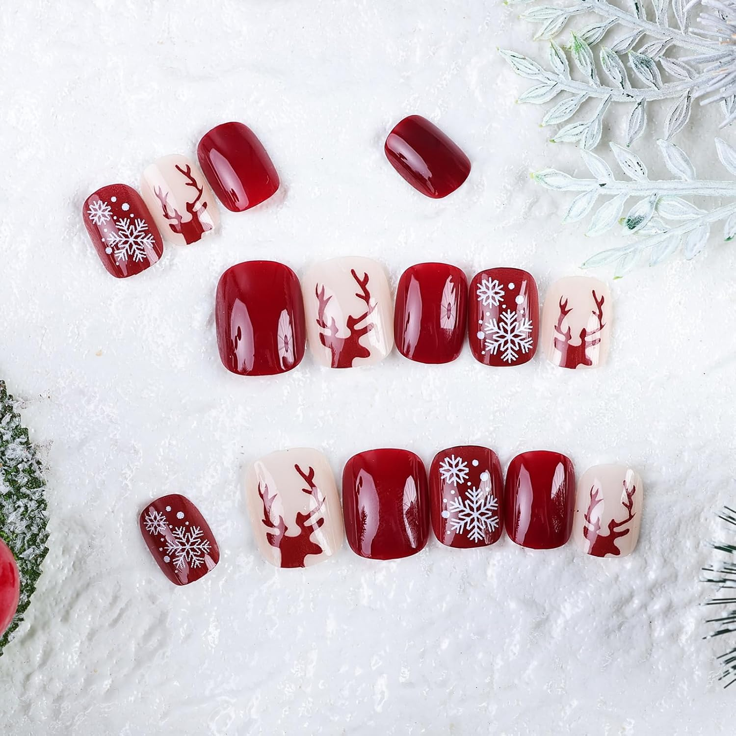 Yazikisa Christmas Press on Nails Short Square Fake Nail Snowflake Xmas Elk Winter Red Glue on Full Cover Glossy Acrylic False Fingernails for Women Girls New Years 24 Pcs image number 6