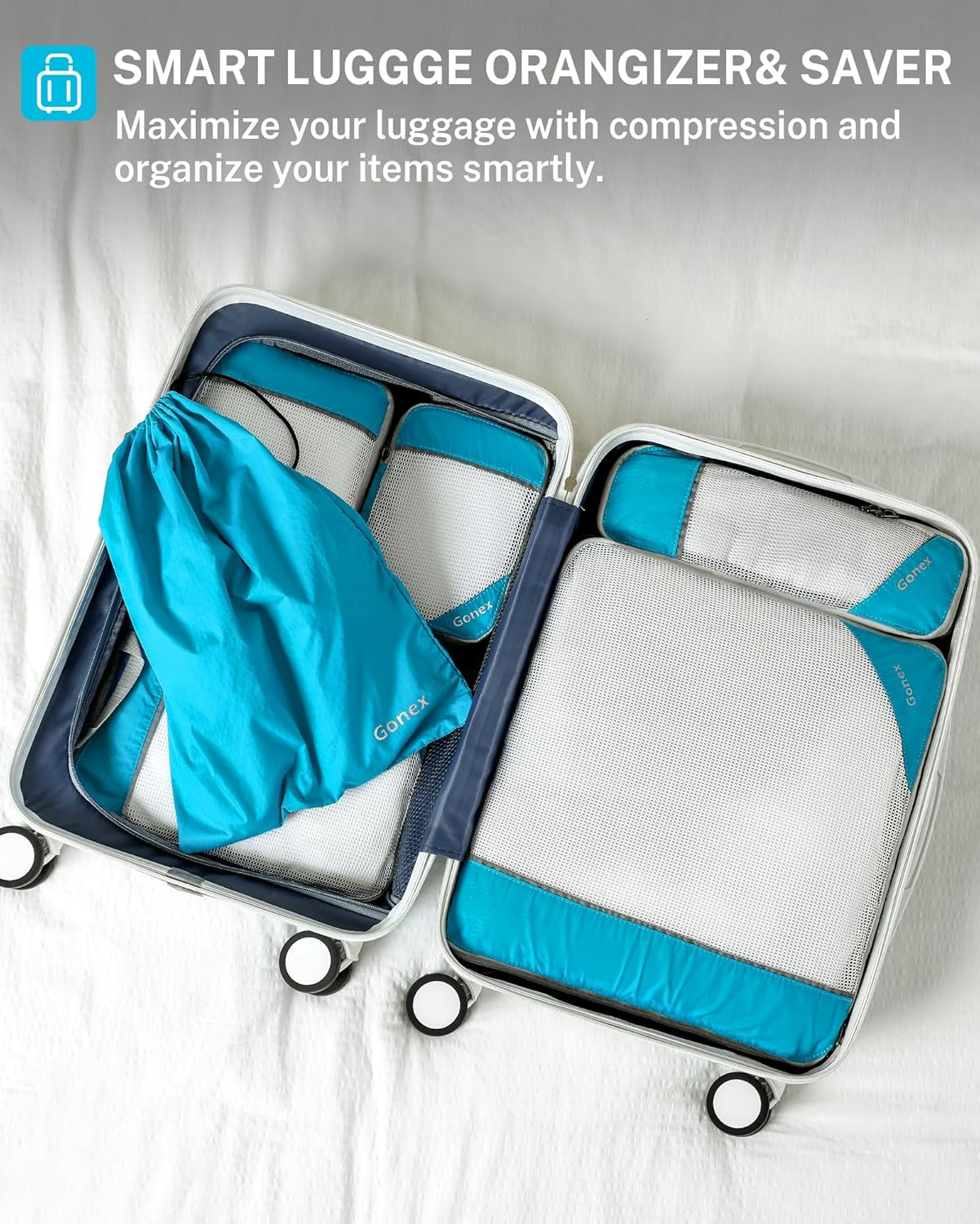 Gonex Compression Packing Cubes Mesh Organizers L+M+S+Xs+Slim+Laundry Bag Blue image number 6