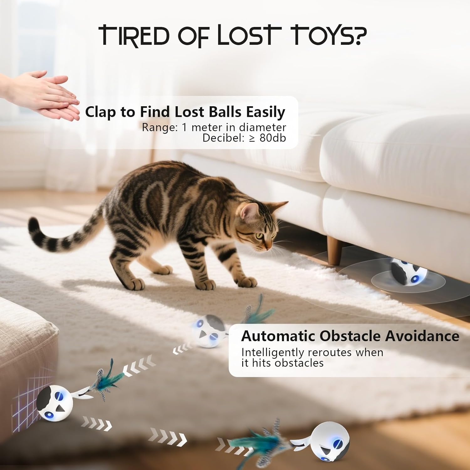 Zeepet Interactive Cat Toy for Adults, House Cats and Kittens, Automatic Moving Bird Ball with 2 Feather Tails, Touch Activation, Multiple Chirping Tones (White) image number 2