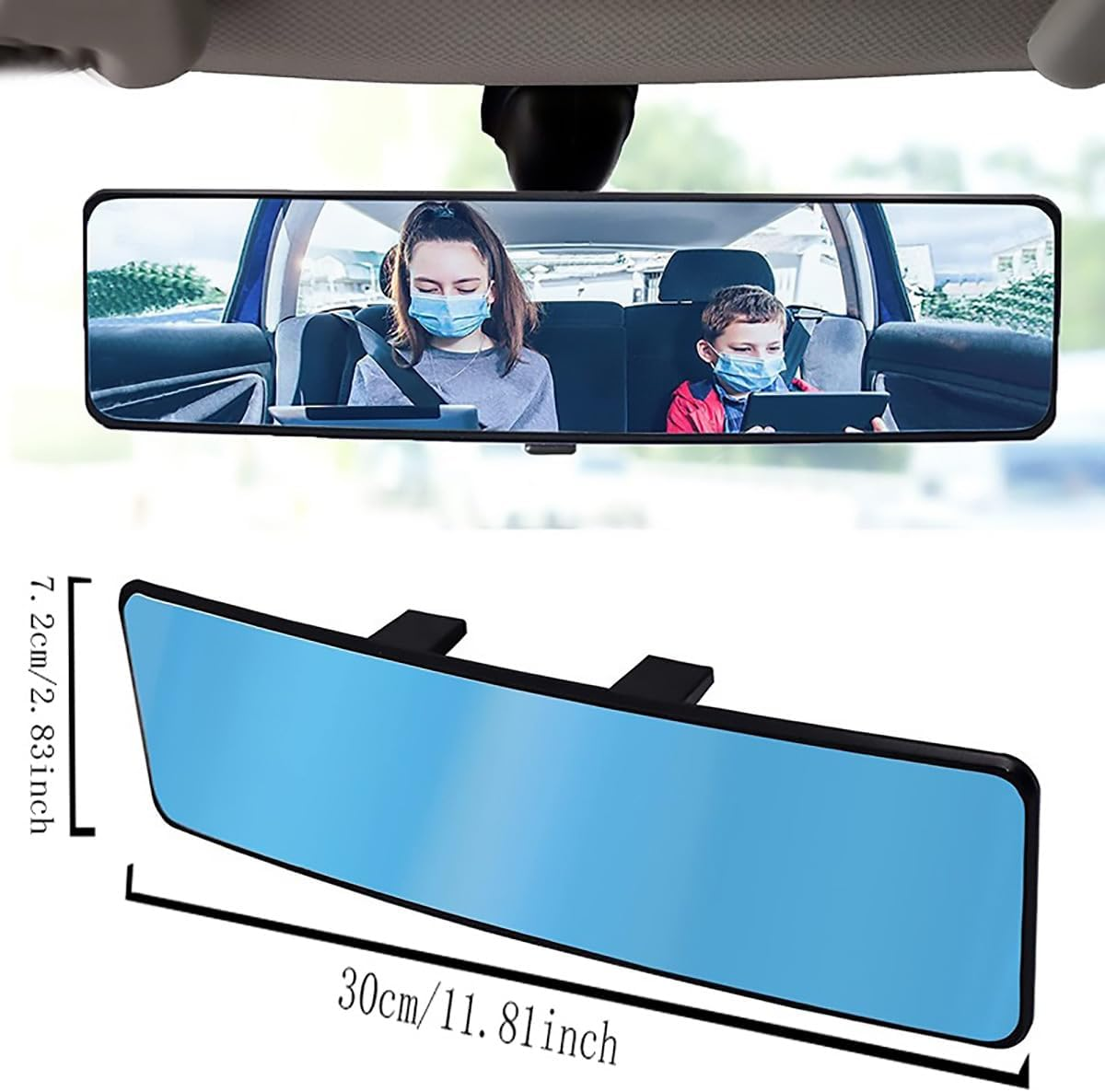 AIMALL Wide Angle Blue Tinted Rearview Mirror - 11.81X2.83 Inch Anti-Glare Curved Mirror, ABS Frame Universal Car Interior Mirror for Enhanced Visibility & Safety image number 4