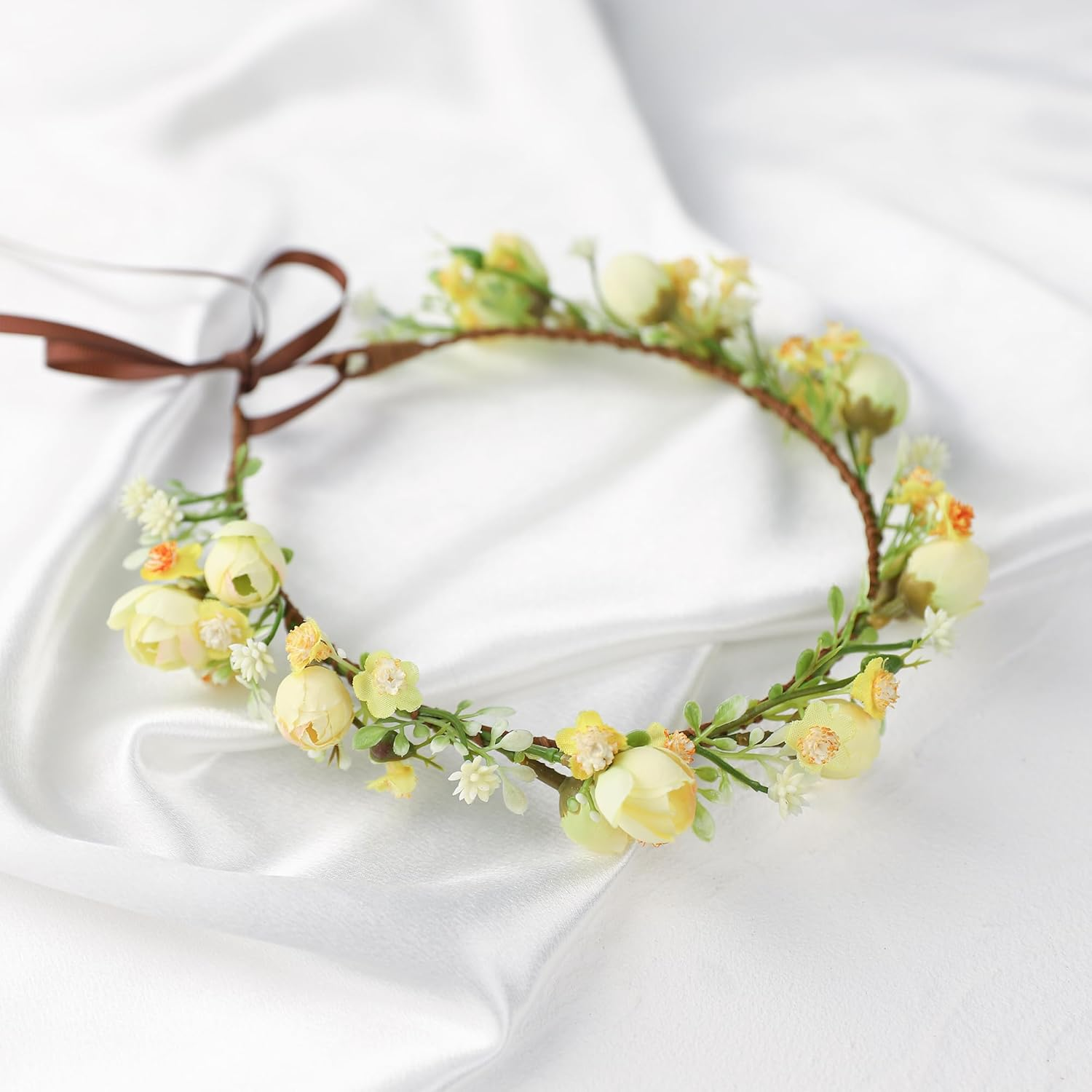 Korvishow Handmade Flower Crown Floral Headpiece Green Leaf Headband Wedding Flower Crowns for Bride Floral Garland Hair Wreath Birthday Party(Yellow Style) image number 4
