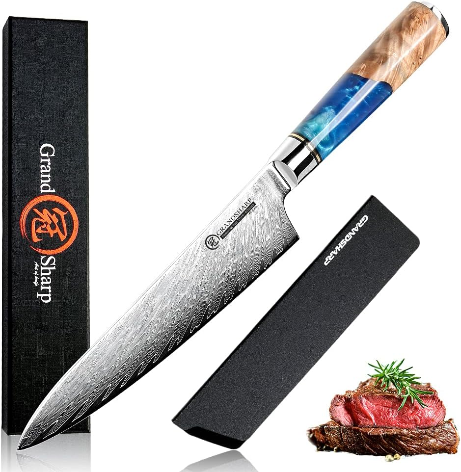 Chef Knife Damascus Japanese 8 Inch VG10 Kitchen Knife 67-Layer Damascus Steel Pro Ergonomic Superb Sharp Edge Gyuto Chef Knife[Gift Box]-Blue Resin Handle image number 4