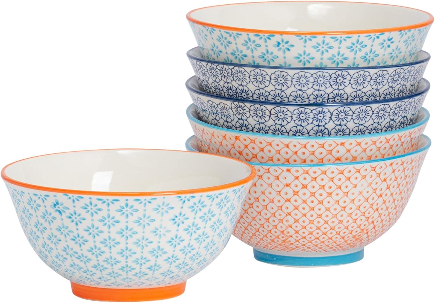 Nicola Spring Patterned Cereal Bowls - Orange - 16Cm - Pack of 6 - Hand Printed Japanese Style Porcelain Serving Bowls for Dessert, Pasta, Cereal, Salad, Noodles, Soup