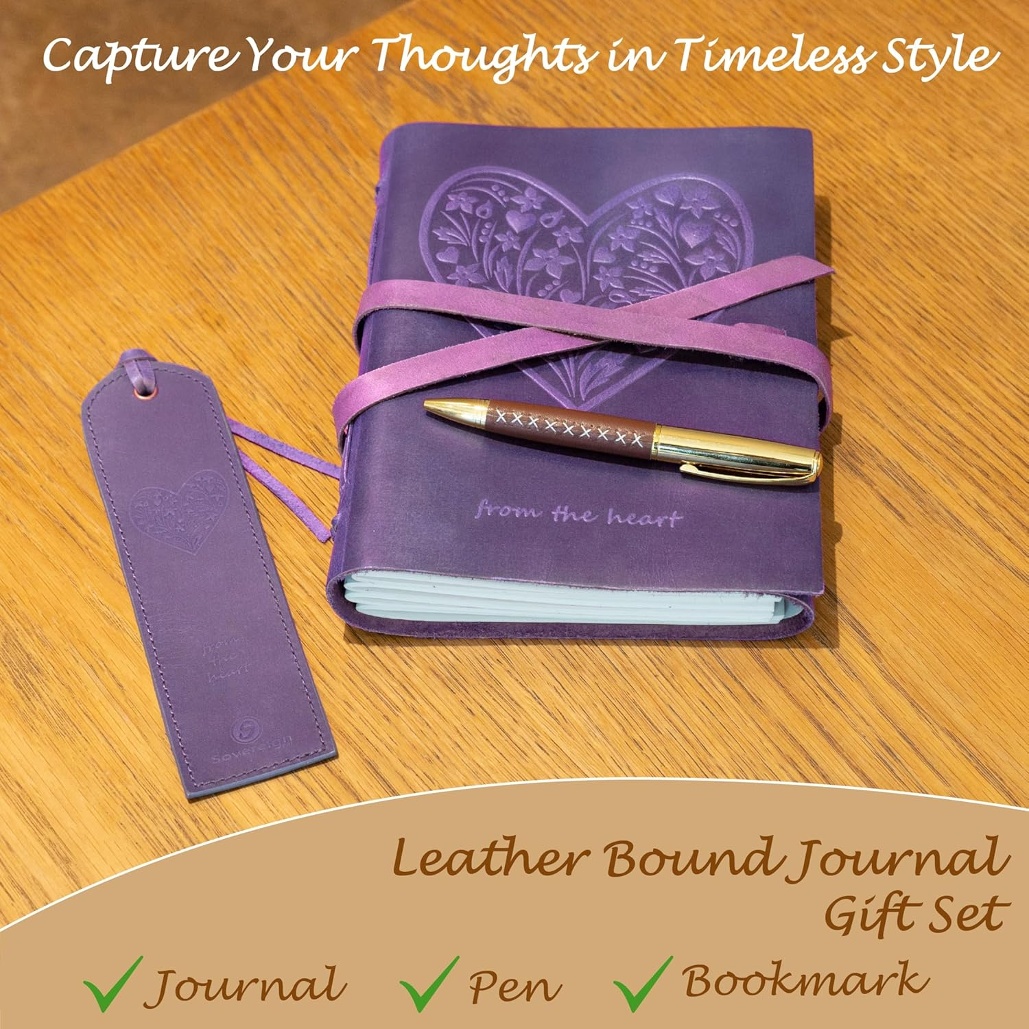 Sovereign-Gear Purple Heart Leather Journal Gift Set &ndash; Embossed Buffalo Leather Notebook + Bookmark & Pen - Romantic Writing Journal for Women - Premium Gift Box for Valentine&rsquo;S, Anniversary, Birthday image number 2