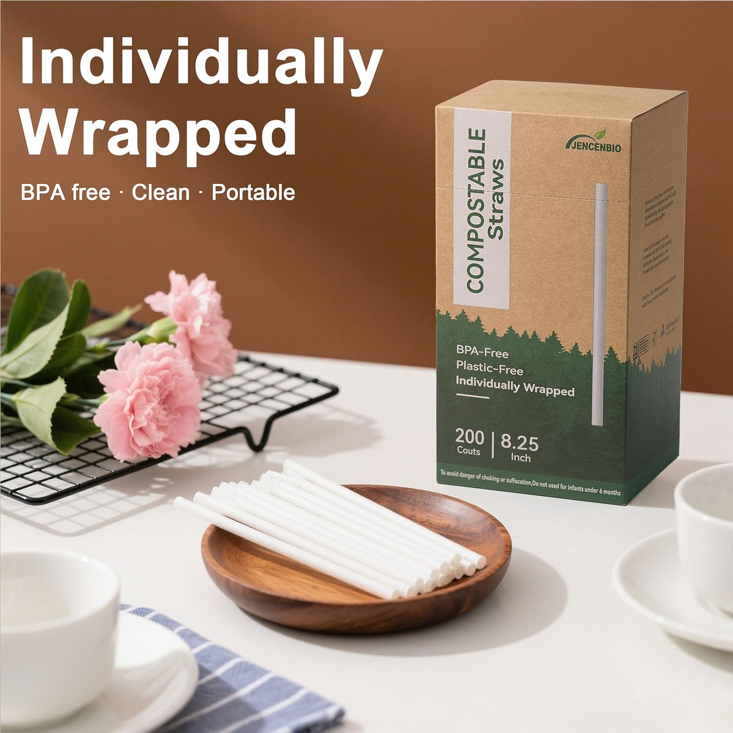 JENCENBIO 200 PCS 20Cm Straws Compostable Reusable Straw Drinking Individually Wrapped Suitable for Various Drinks Juice Milk, Tea Daily Use White image number 5