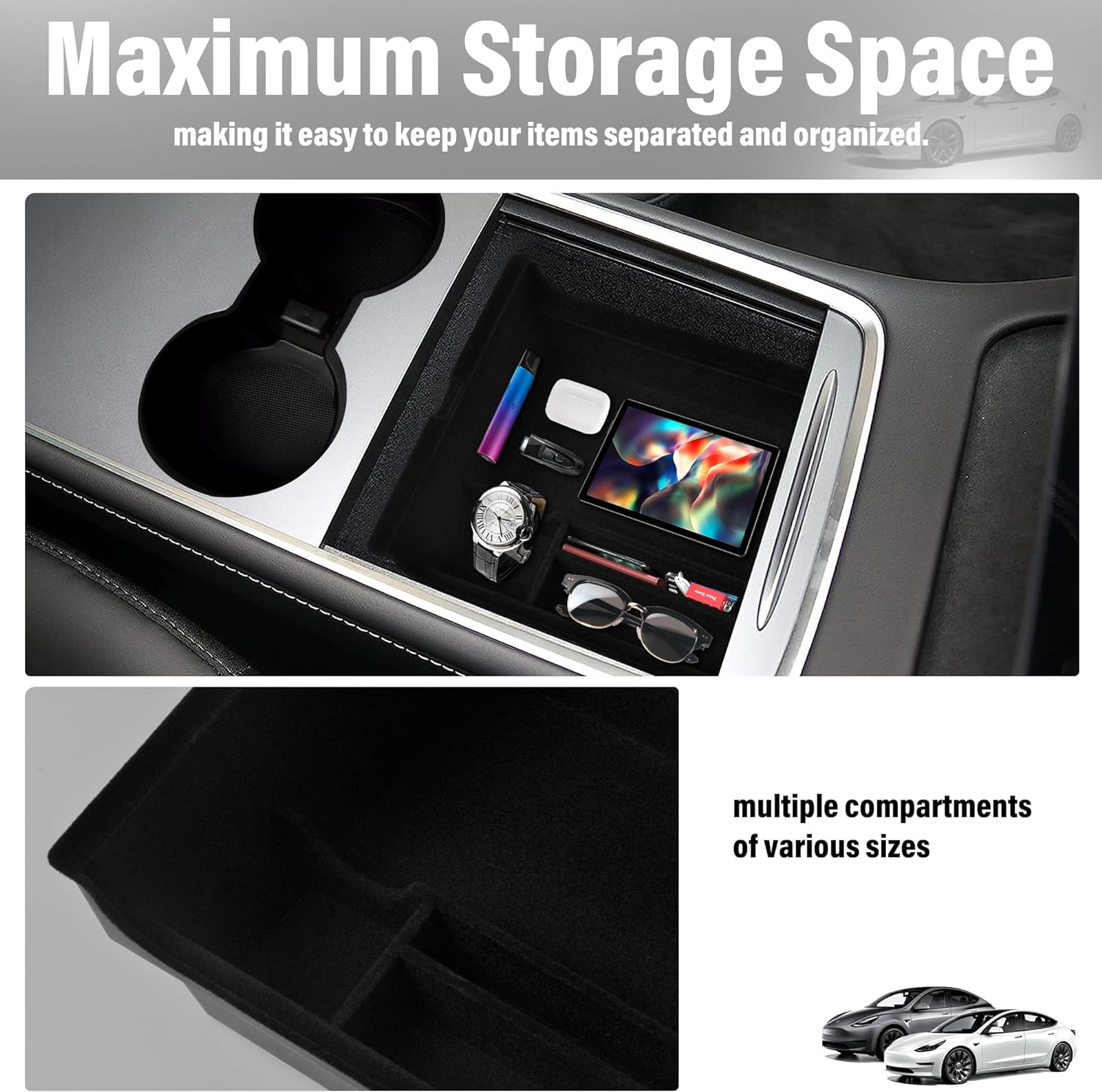 (3 PCS) Center Console Organizer Tray Designed for Latest 2023 2022 2021 Tesla Model 3 Y Accessories, Flocked Front Rear Storage Box with Silicone Cup Holder Insert image number 3