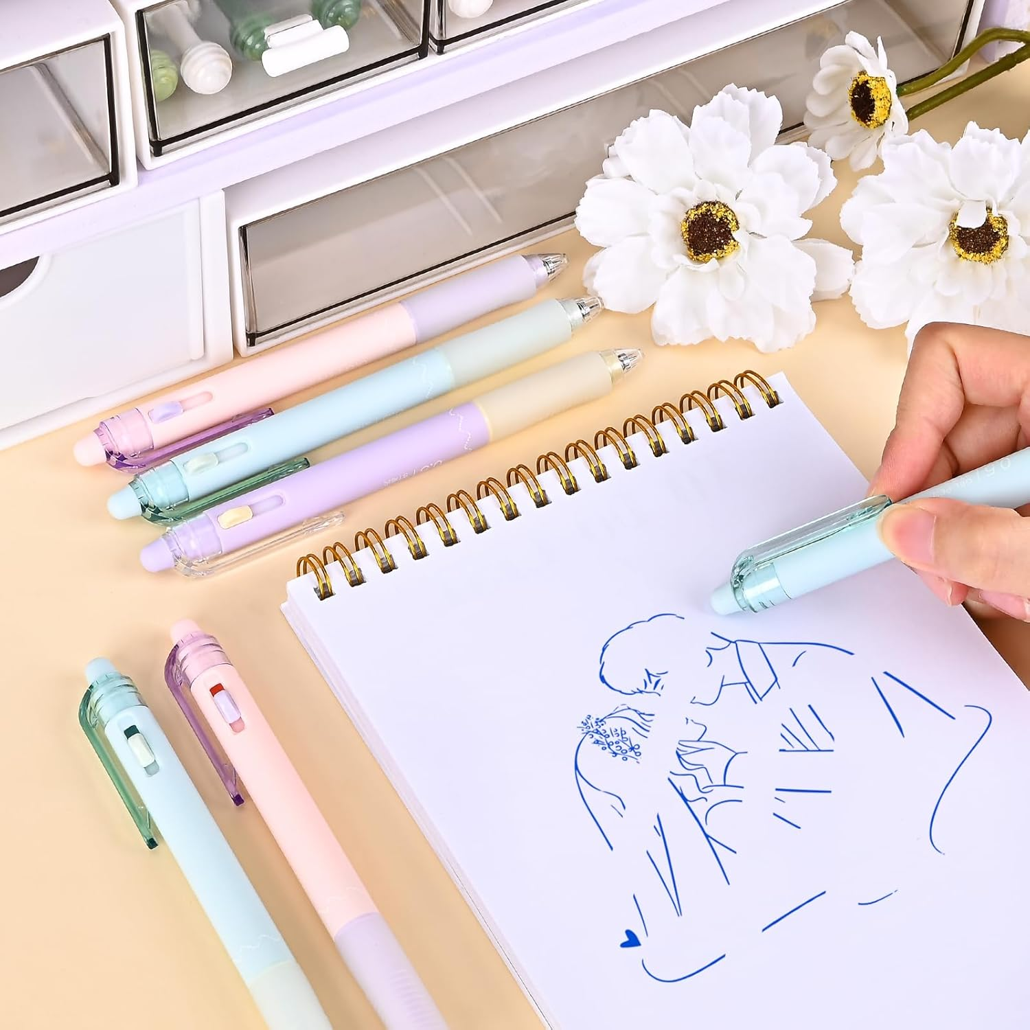 BAYTORY Pastel Erasable Gel Pens, 6Pcs Blue Ink Pens & 6Pcs Refills, Aesthetic Rub Out Pens Blue Ink with Eraser, Smooth Writing Pen for Home School and Office Supplies（Ball Eraser）