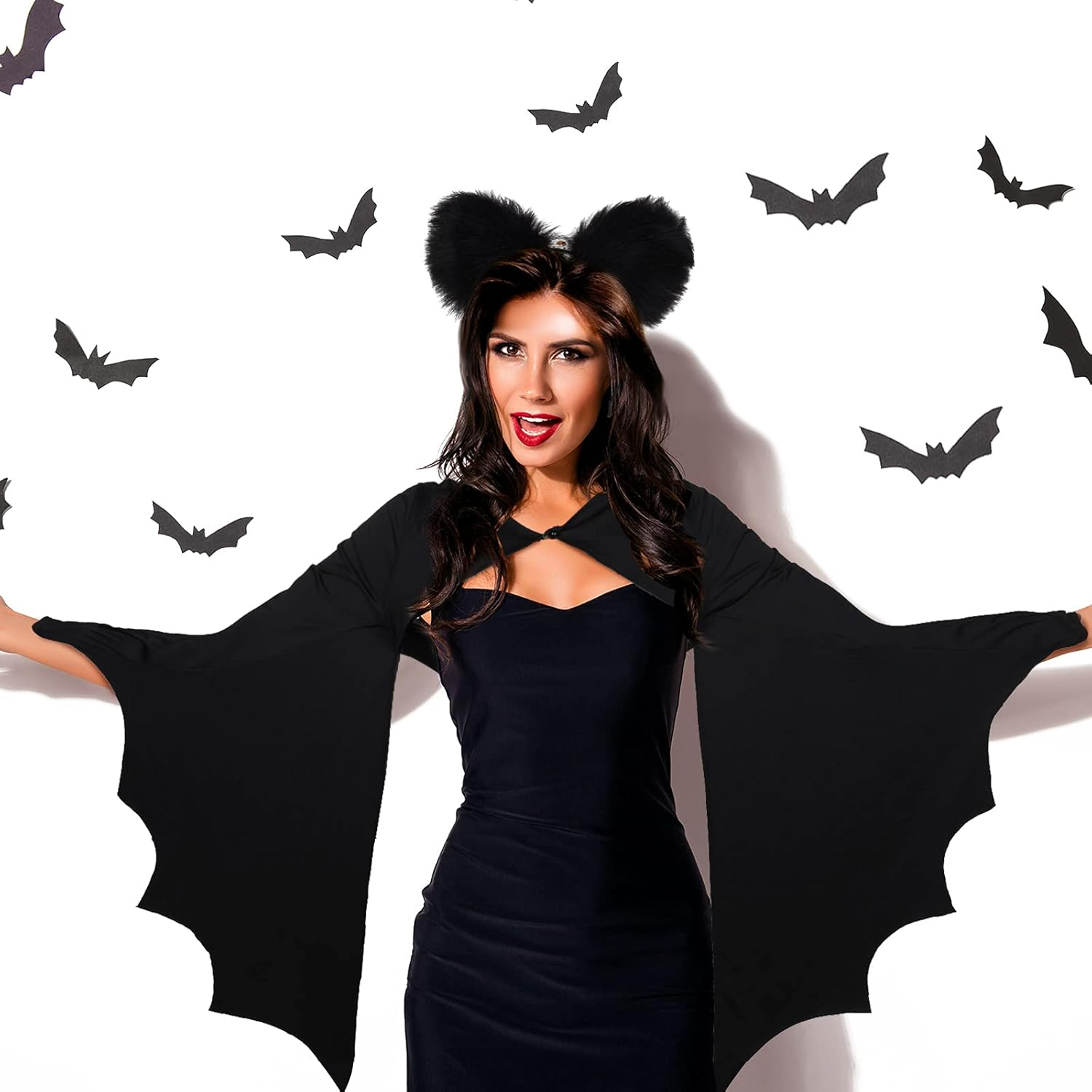 2 Pcs Halloween Bat Costume Accessories Black Bat Sleeve Wings Bat Shrug and Plush Bat Ear Headband for Halloween Dress Up