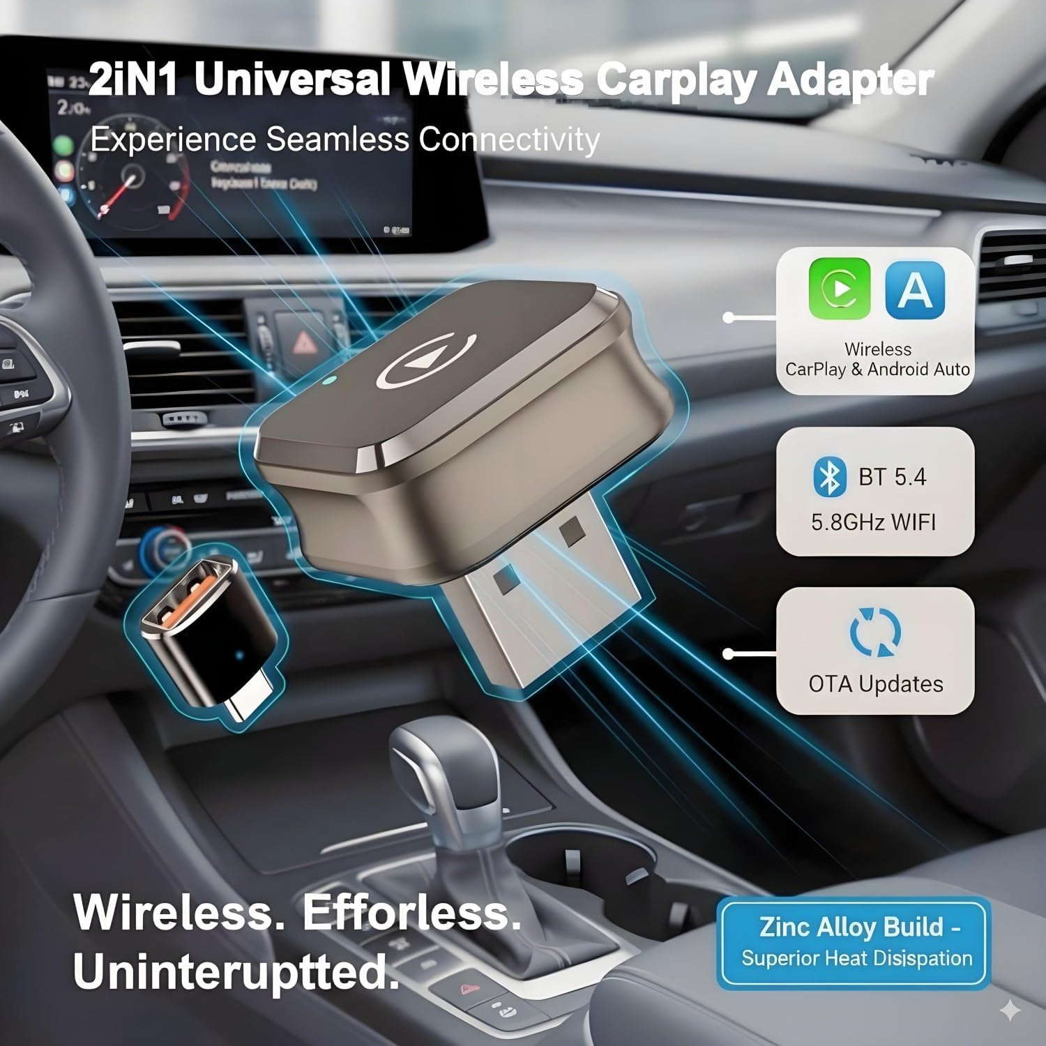 2025 Mini 2-In-1 Wireless Carplay Adapter& Android Auto Wireless Adapter, Converts Factory Wired to Wireless, Plug & Play Dongle for Cars, Usb/Type-C, Fast & Stable Connection image number 2