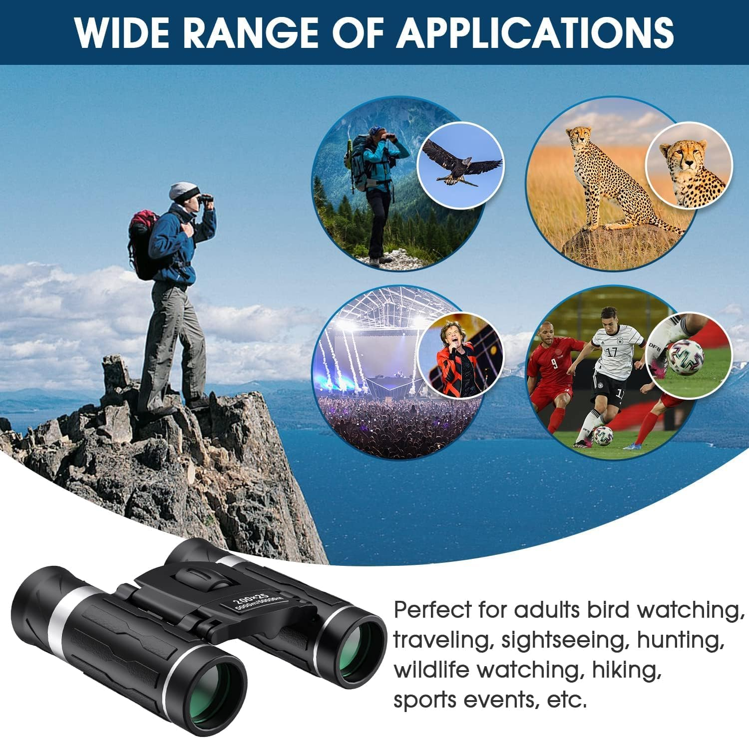 Binoculars, 200X25 Waterproof Compact Binoculars, Suitable for Bird Watching, Hunting, Concerts, Theater, Opera, Travel, and Sightseeing. (Black) image number 5