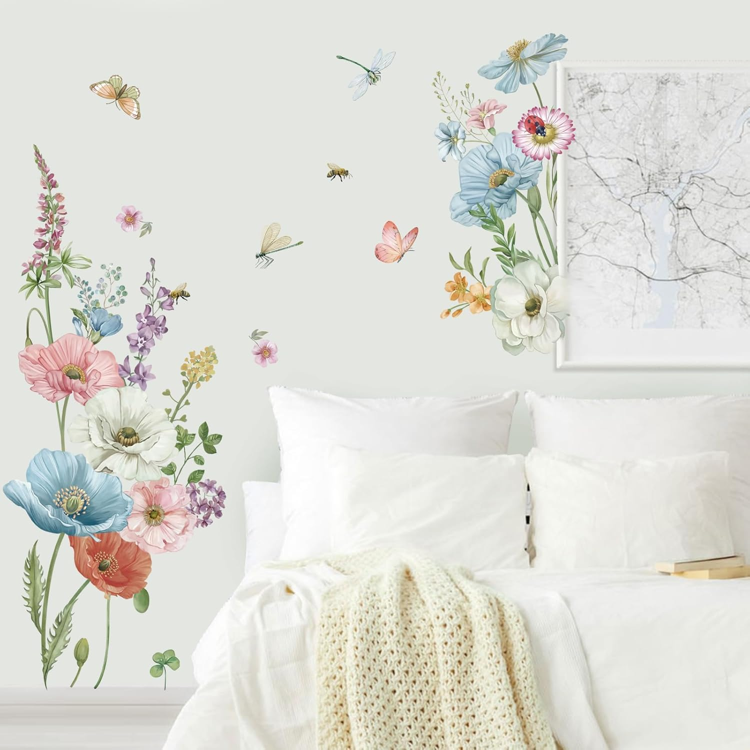 Wondever Watercolor Poppy Floral Wall Stickers Garden Flower Peel and Stick Wall Art Decals for Bedroom Living Room TV Wall image number 4