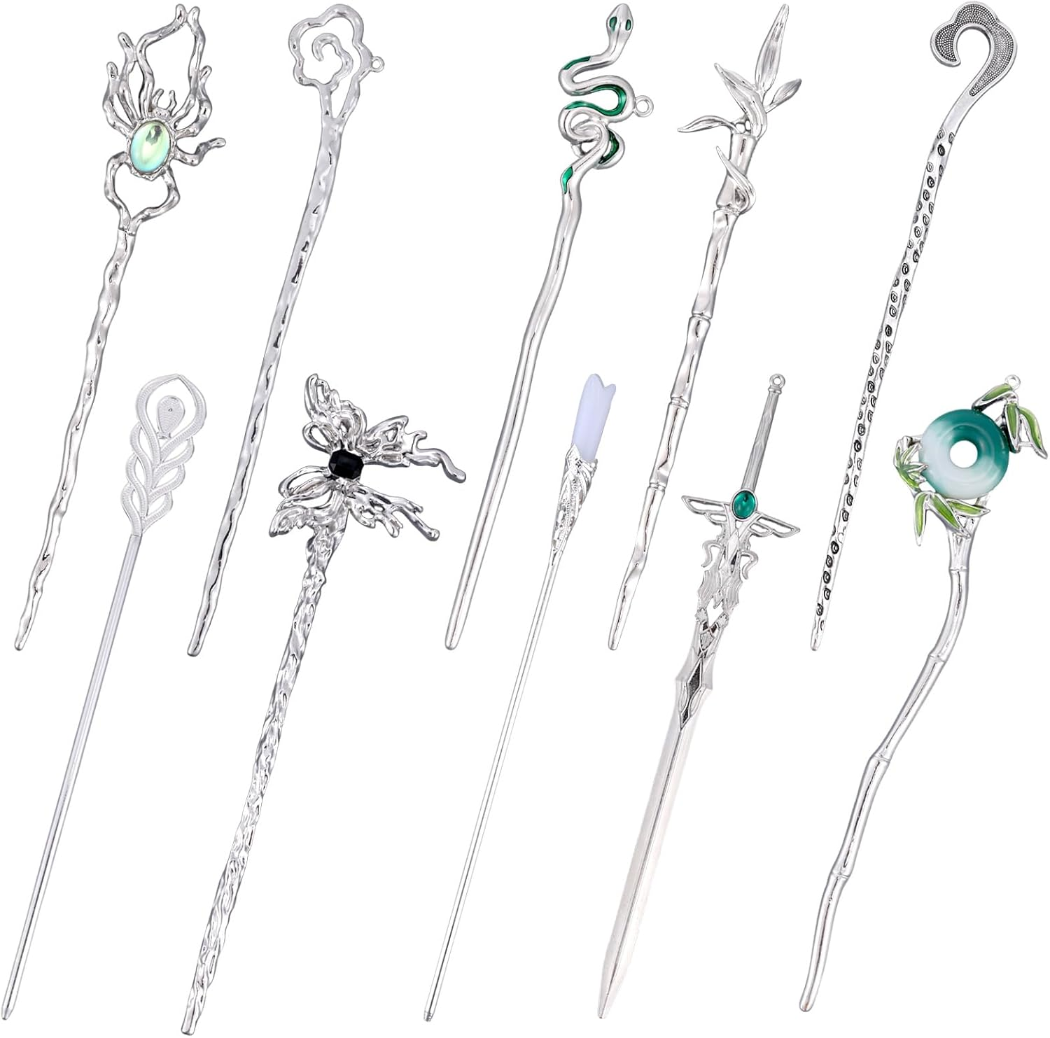 Mikovivi 10 Pcs Chinese Hair Sticks, Silver Metal Hanfu Decorative Hair Pins Snake Butterfly Flower Jade Stone Vintage Hair Chopsticks Elegant Asian Japanese Hairstyles Accessories for Women image number 5