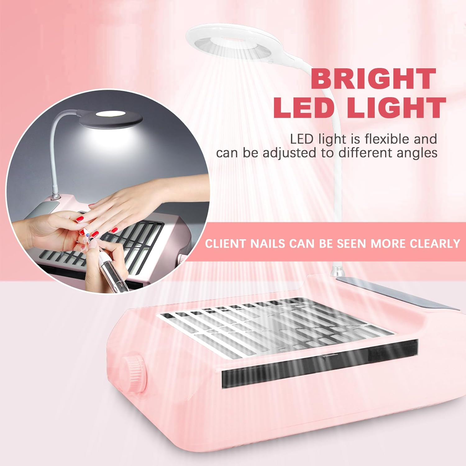 AONOLOVO Nail Dust Collector, Adjustable Suction, Professional Nail Fan Dust Collector with Light Manicure Dust Collector Nail Tech Vacuum Cleaner Machine for Acrylic Nails Removal, Pink