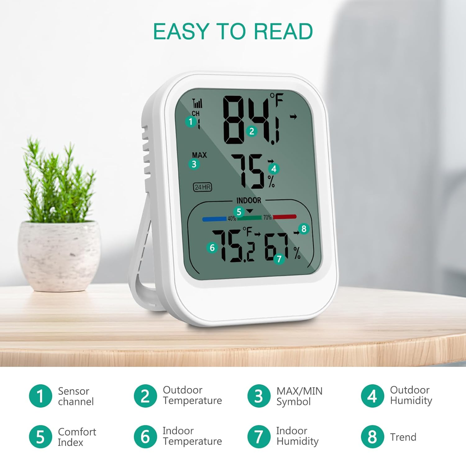 ORIA Digital Thermometer Hygrometer, Indoor Outdoor Thermometer with Wireless Sensor, Temperature Humidity Monitor Gauge with MAX/MIN, &deg;C/&deg;F, 328Ft/100M Range, for Home, Baby Room, Cellar, Greenhouse image number 4